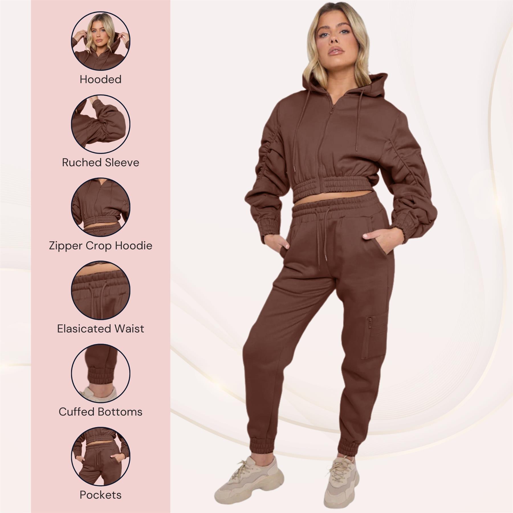 Damas Traje de chándal 2 piezas Juego de salón Mangas fruncidas Sudadera con capucha recortadas Ropa de salón - Imagen 13 de 44