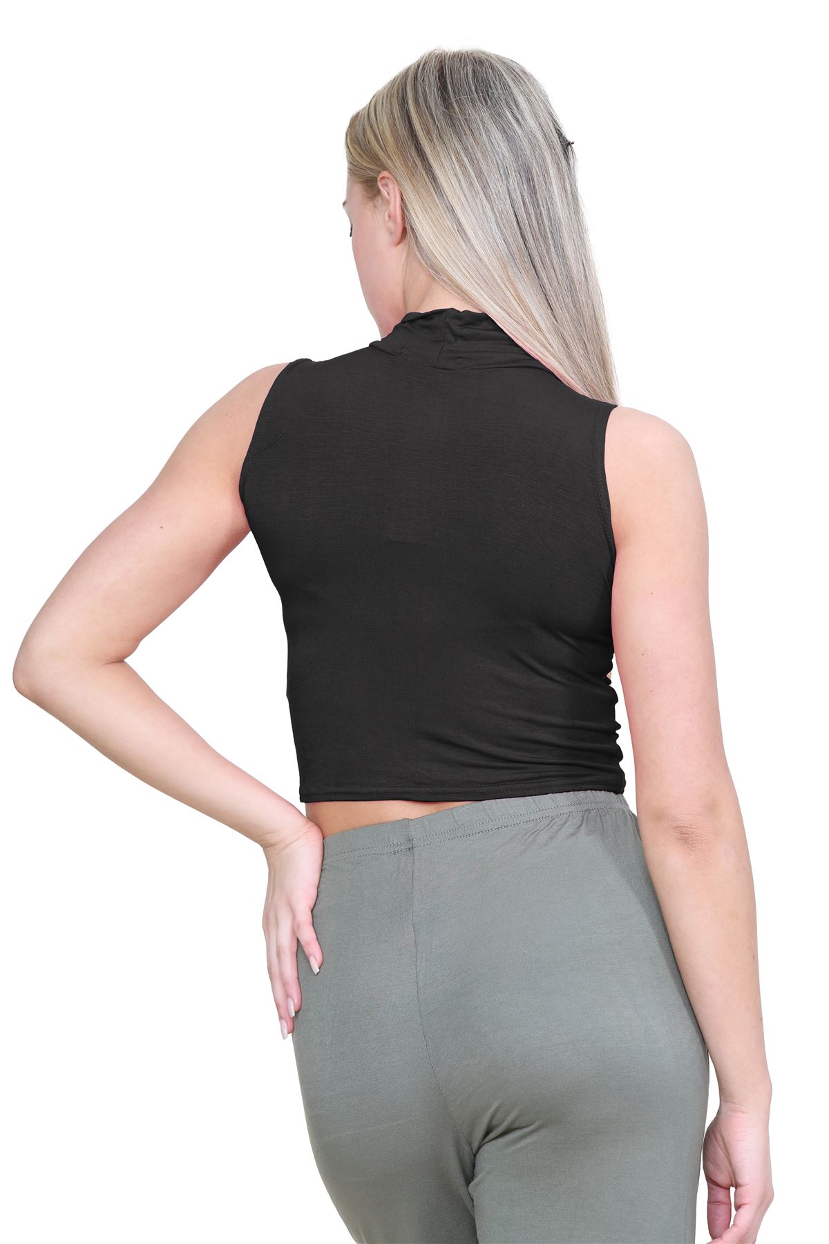 Womens Sleeveless Crop Top Ladies High Turtle Neck Plain Stretchy T-Shirt Vest - Picture 15 of 165