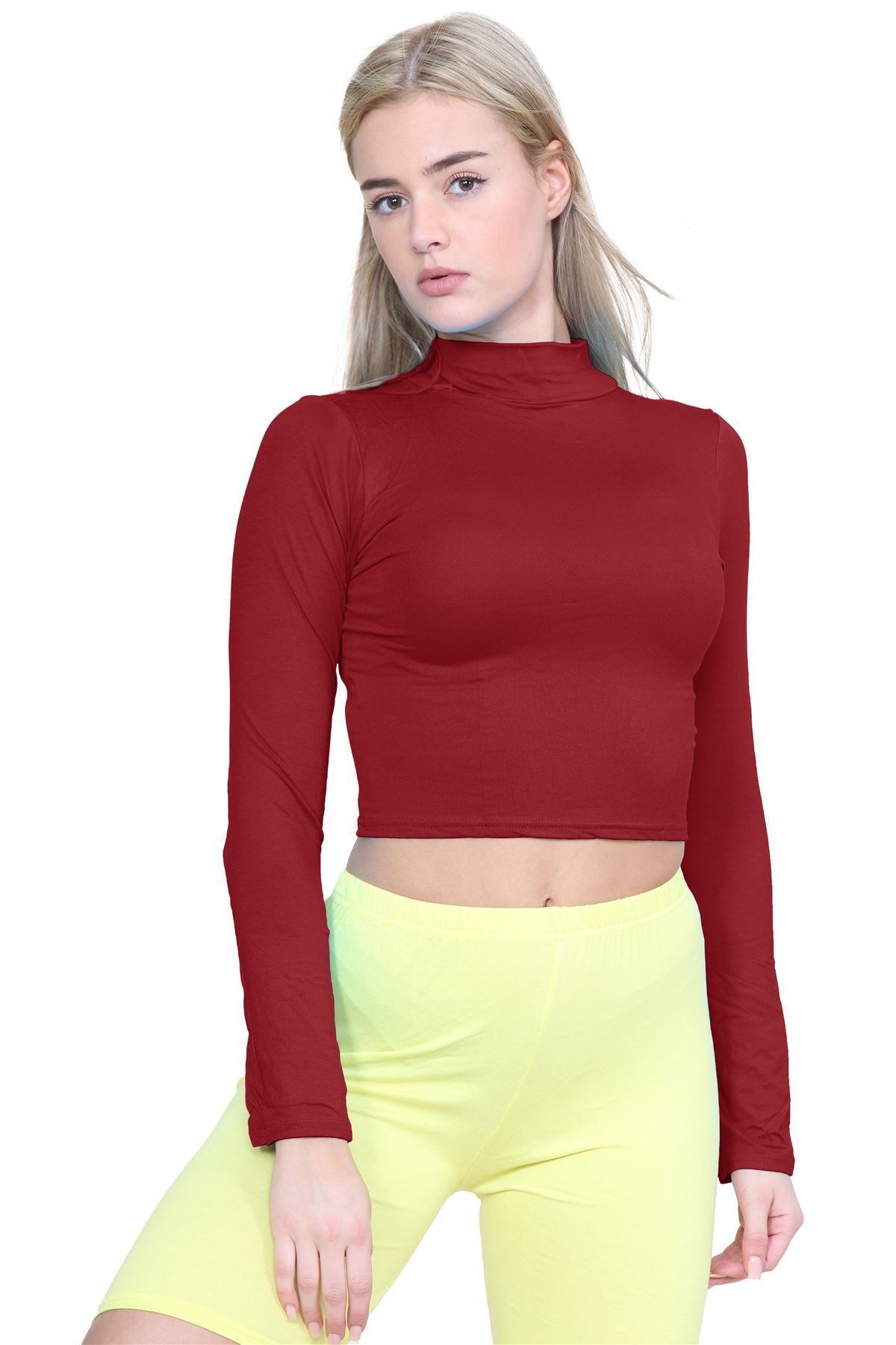 Turtle Neck Crop Top Womens Plain Long Sleeve Stretchy Basic Polo Neck T-Shirt - Picture 122 of 129