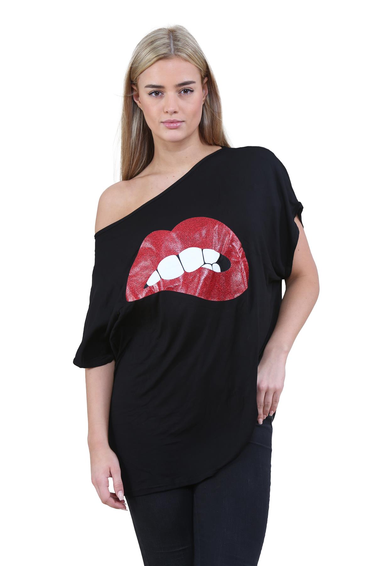 Womens Off Shoulder Top Batwing Sleeve Bardot Oversized T Shirt Plain Summer Top - Picture 154 of 225