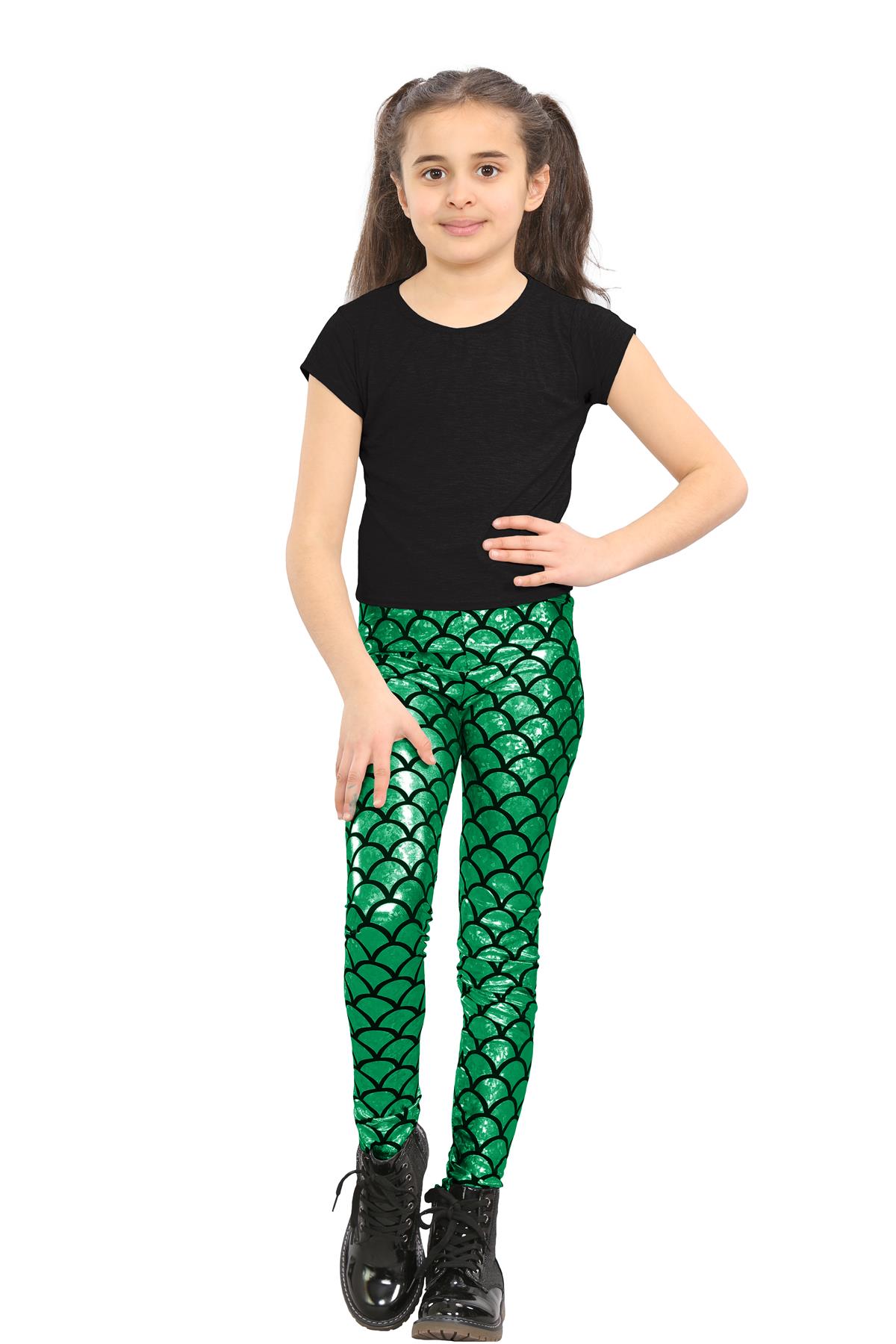 Girls Mermaid Leggings Kids Fish Scale Disco Skinny Shiny Metallic Trouser Pants - Picture 12 of 57