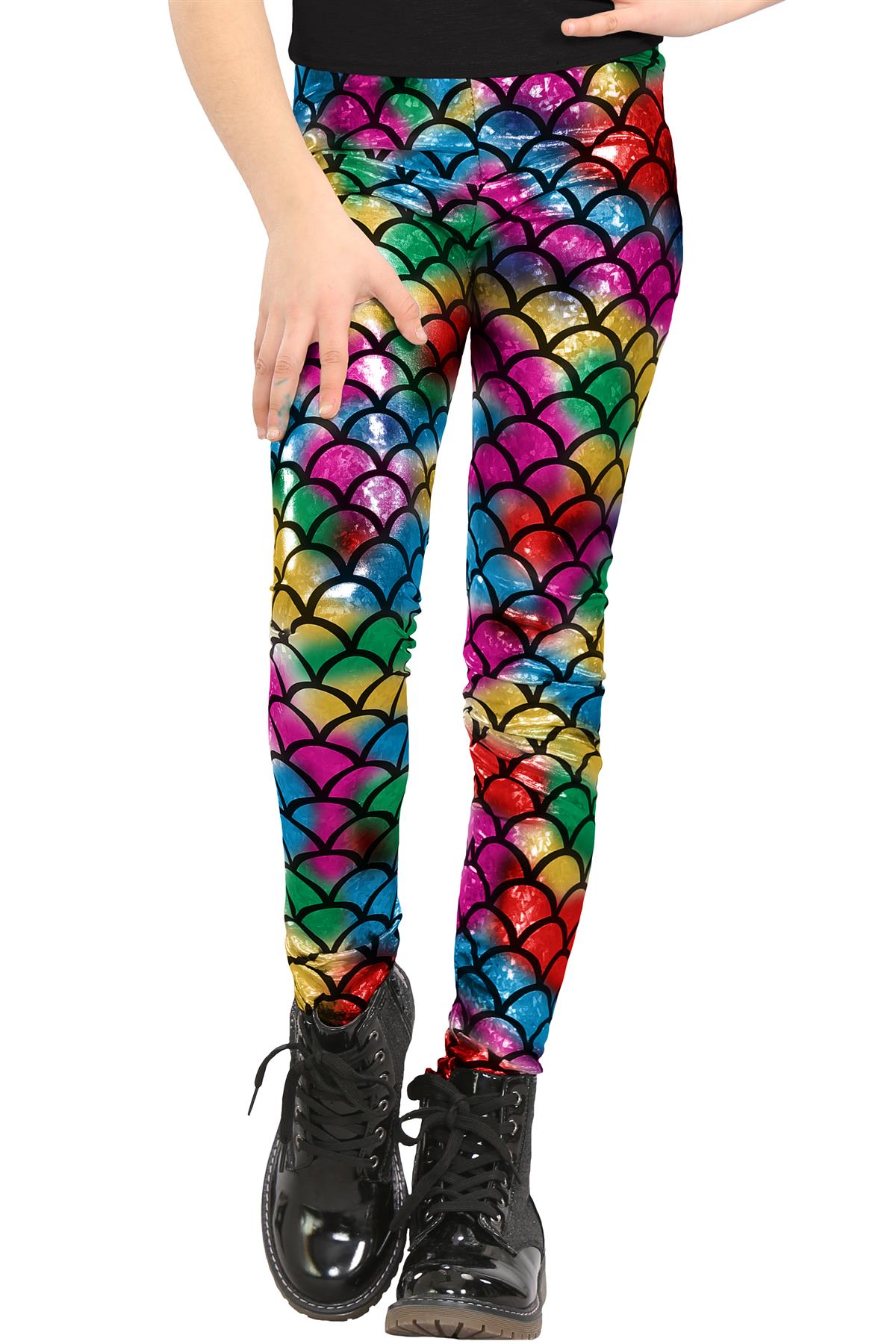 Girls Mermaid Leggings Kids Fish Scale Disco Skinny Shiny Metallic Trouser Pants - Picture 15 of 57