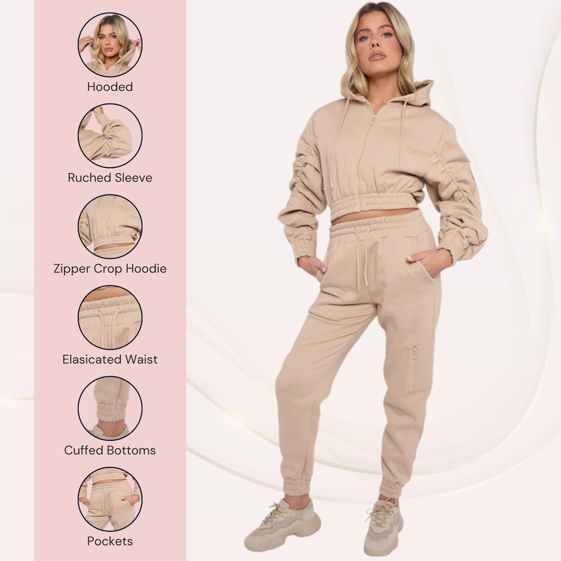 Damas Traje de chándal 2 piezas Juego de salón Mangas fruncidas Sudadera con capucha recortadas Ropa de salón - Imagen 44 de 44
