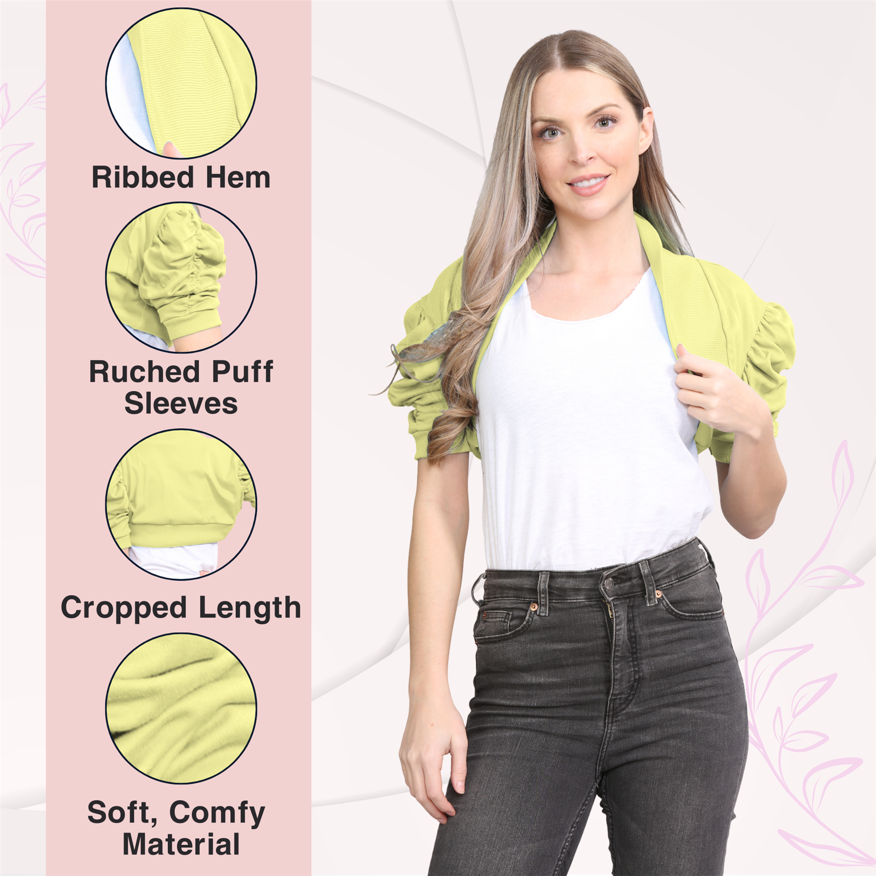 Womens Bolero Shrug Ruched Puff Sleeves Plain Open Cardigan Soft Cotton Crop Top - Picture 43 of 100