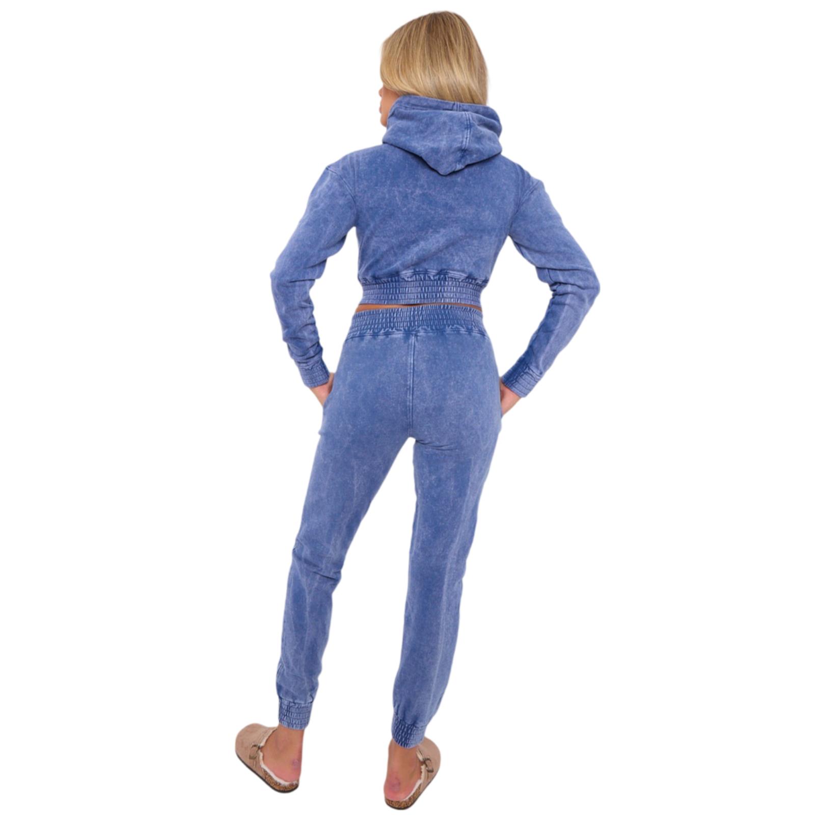 Womens Acid Wash Cropped Zip Hoodie Fleece Joggers Tracksuit 2Pcs Loungewear Set - Picture 5 of 24