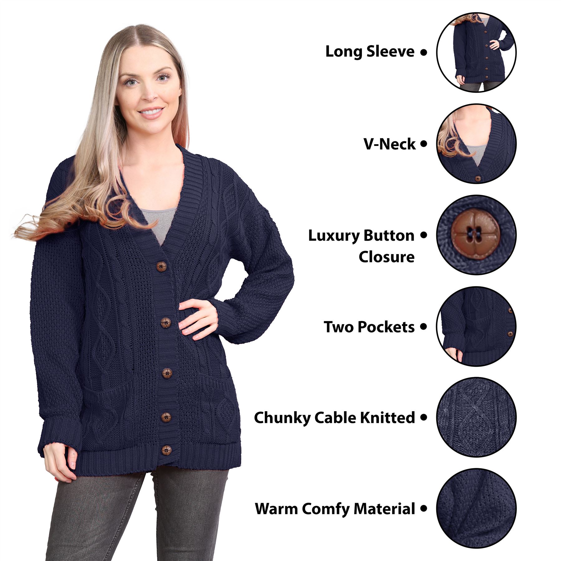 Womens Ladies Chunky Cable Knitted Button Long Sleeve Grandad Cardigan Jumper - Picture 49 of 94