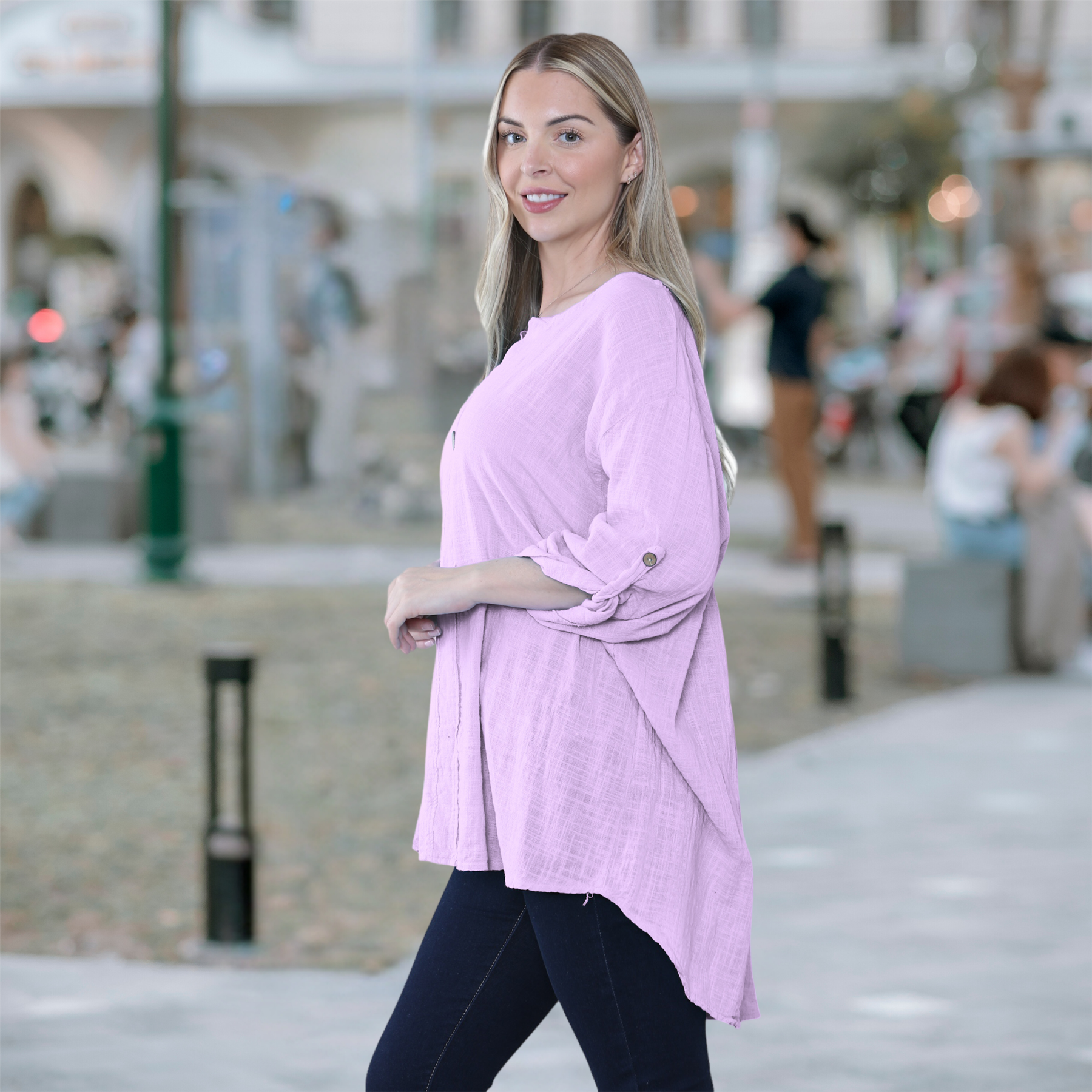Camiseta informal lisa de lino y algodón con un botón de manga giratoria italiana para dama - Imagen 23 de 63