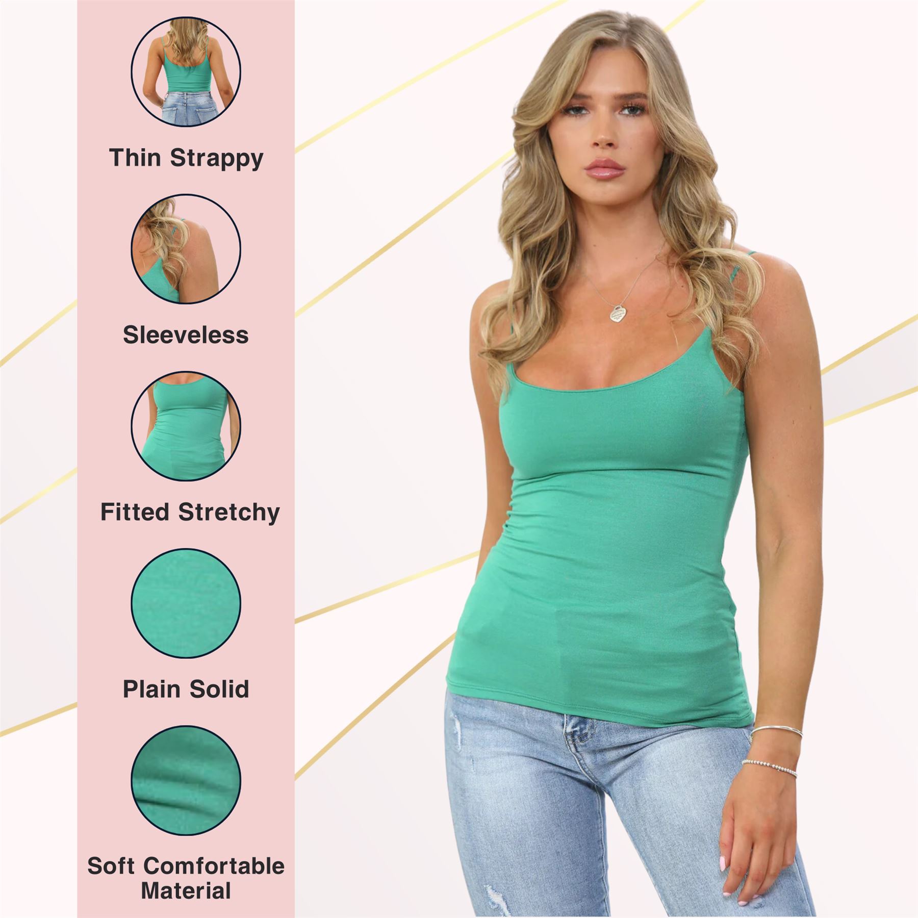 Womens Bodycon Cami Strappy Tank Top Plain Summer Activewear Vest Top, Pack of 3 - Picture 70 of 221