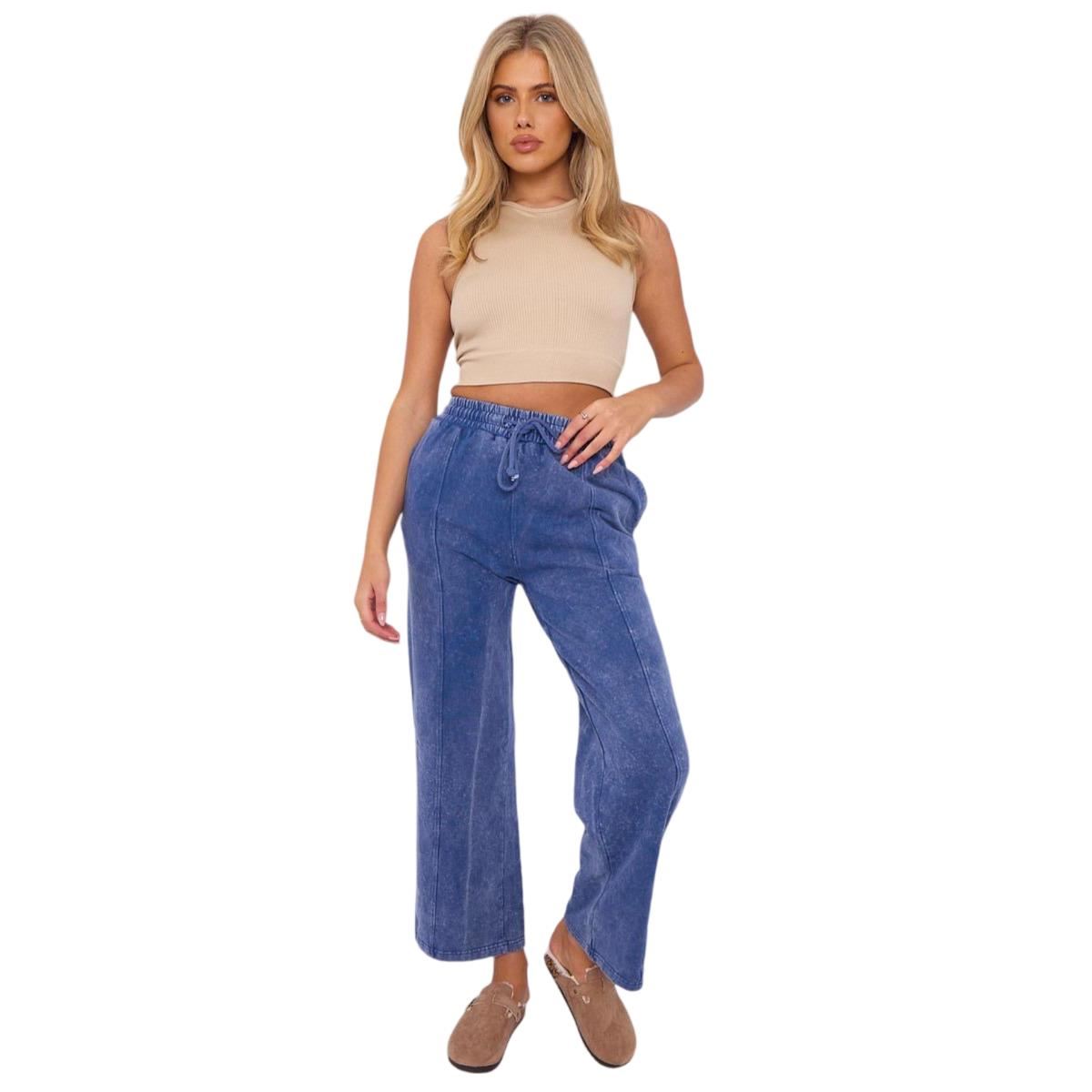 Ladies Acid Washed Trousers Wide Leg Fleece Joggers Drawstring Waist Casual Pant