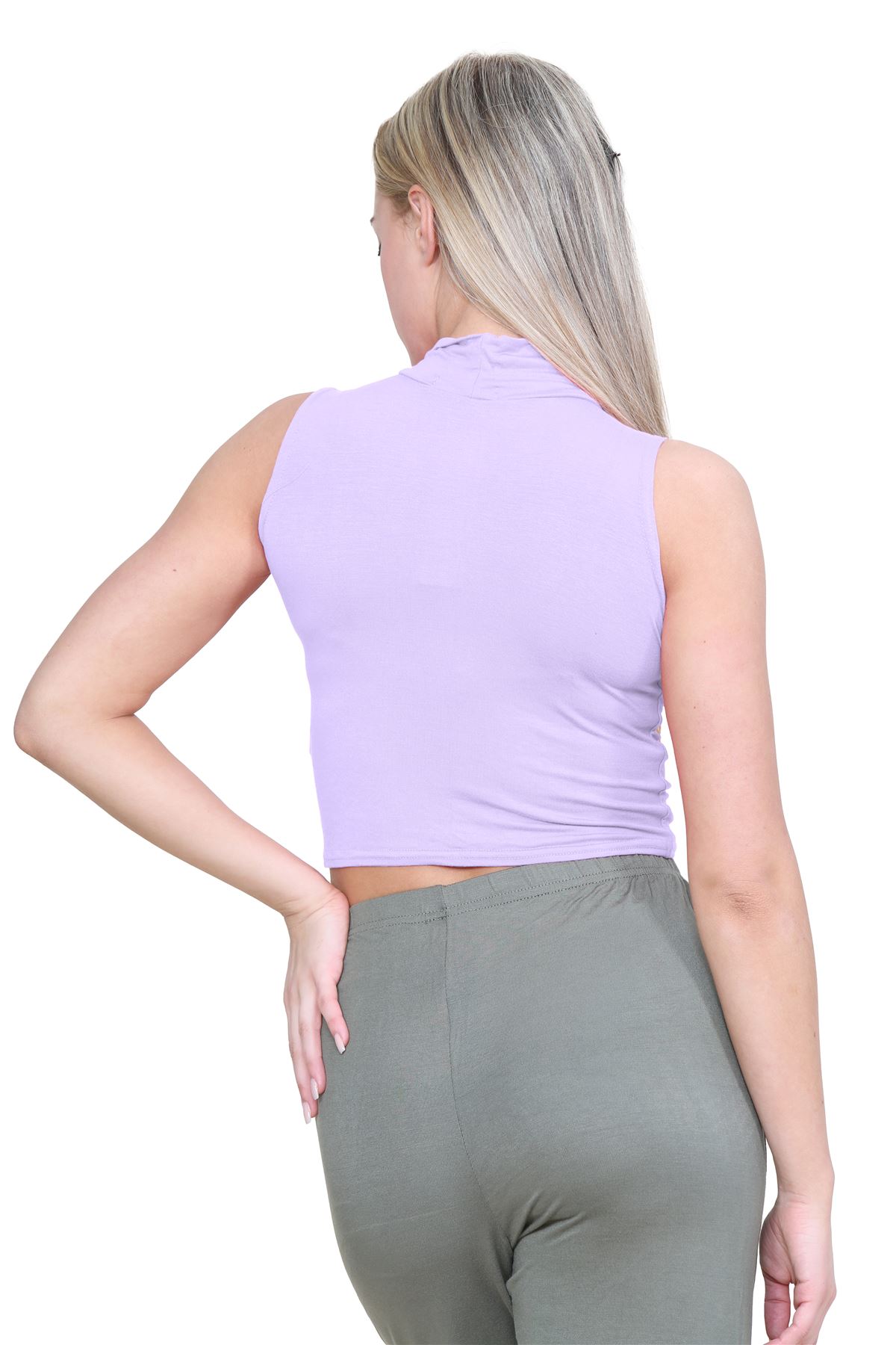 Womens Sleeveless Crop Top Ladies High Turtle Neck Plain Stretchy T-Shirt Vest - Picture 68 of 165