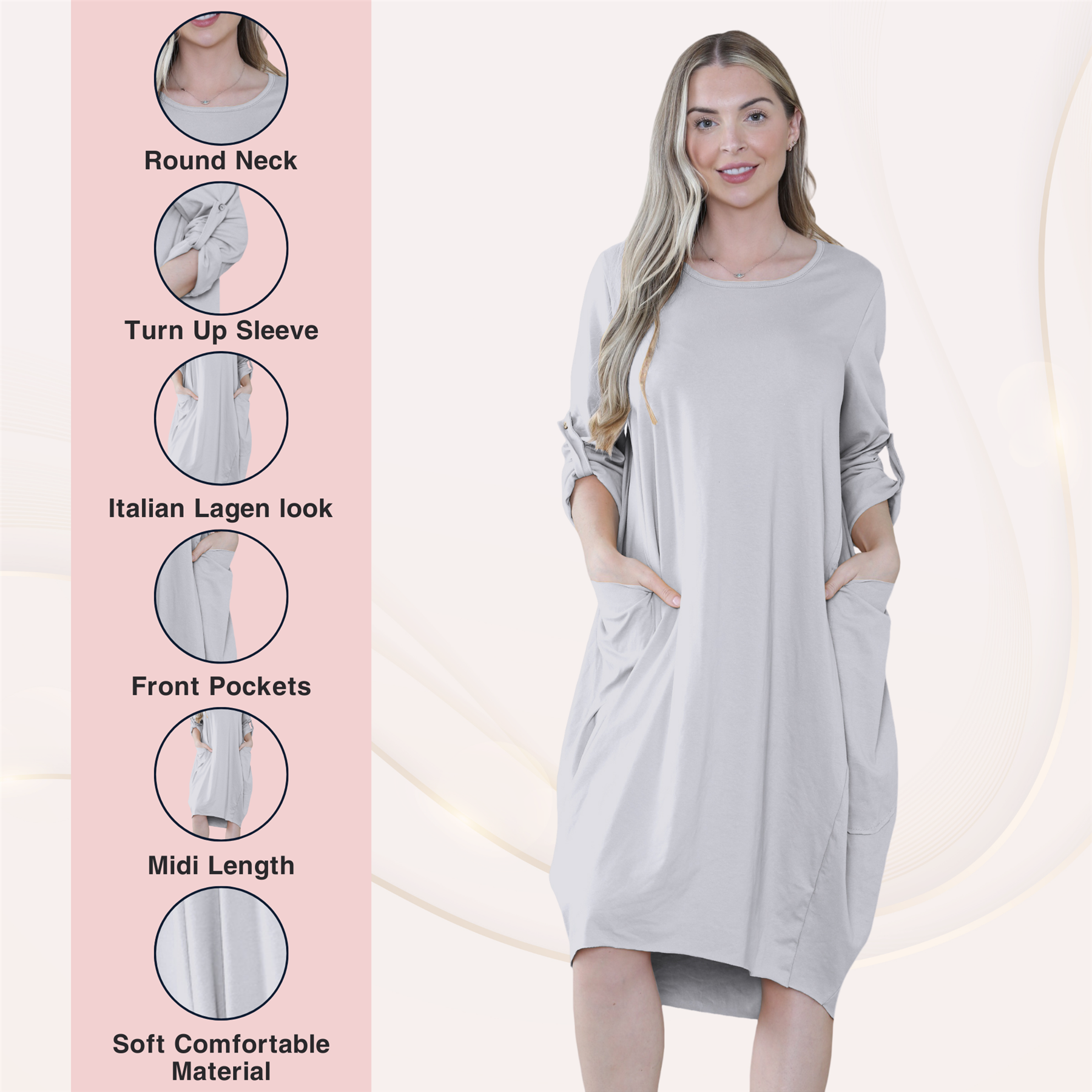 Vestido túnica italiana con mangas giratorias para damas Vestido Lagenlook Bolsillos lisos Vestido holgado - Imagen 16 de 45