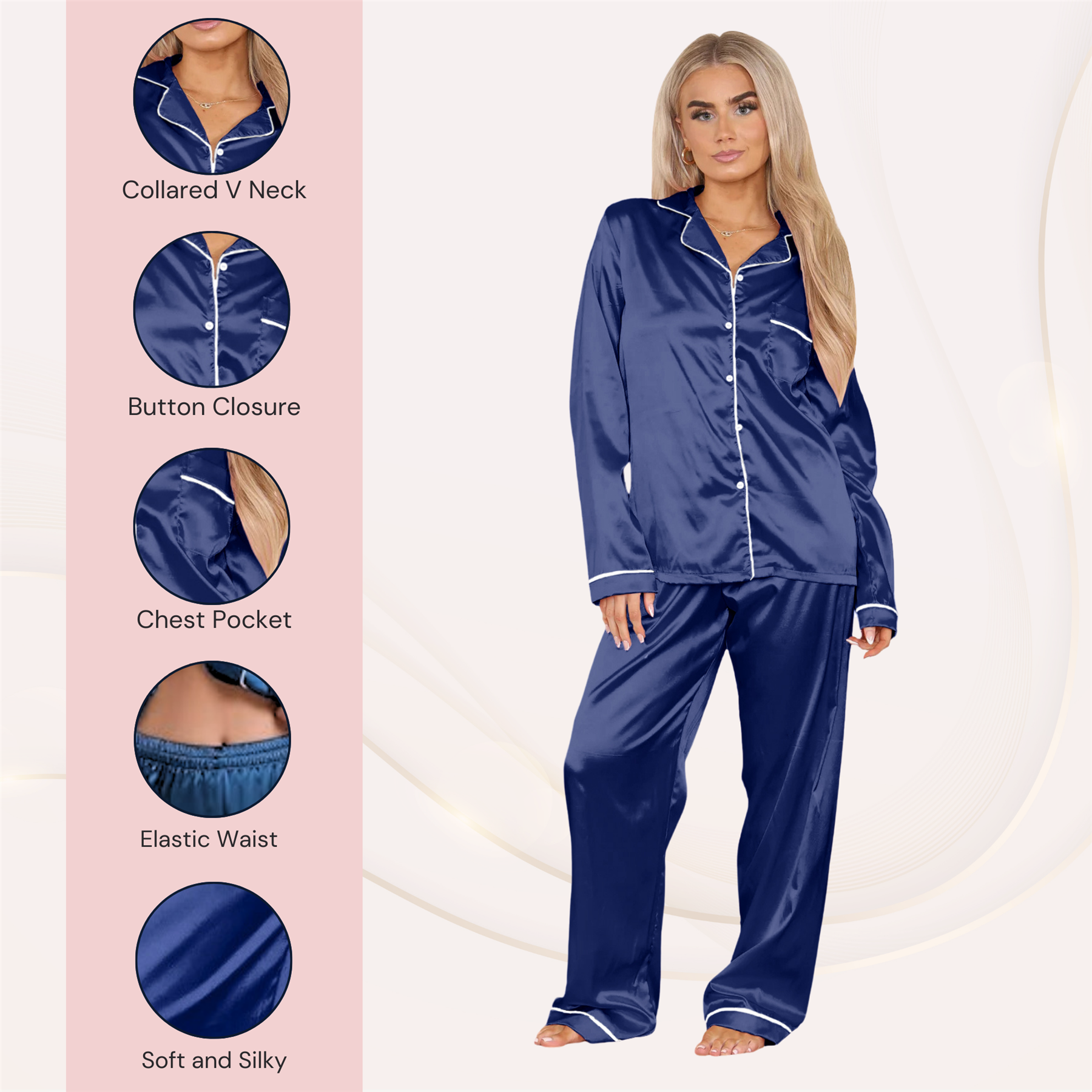 Conjunto de 2 piezas de pijama de satén de manga larga con botones camisa pantalón para damas - Imagen 35 de 43