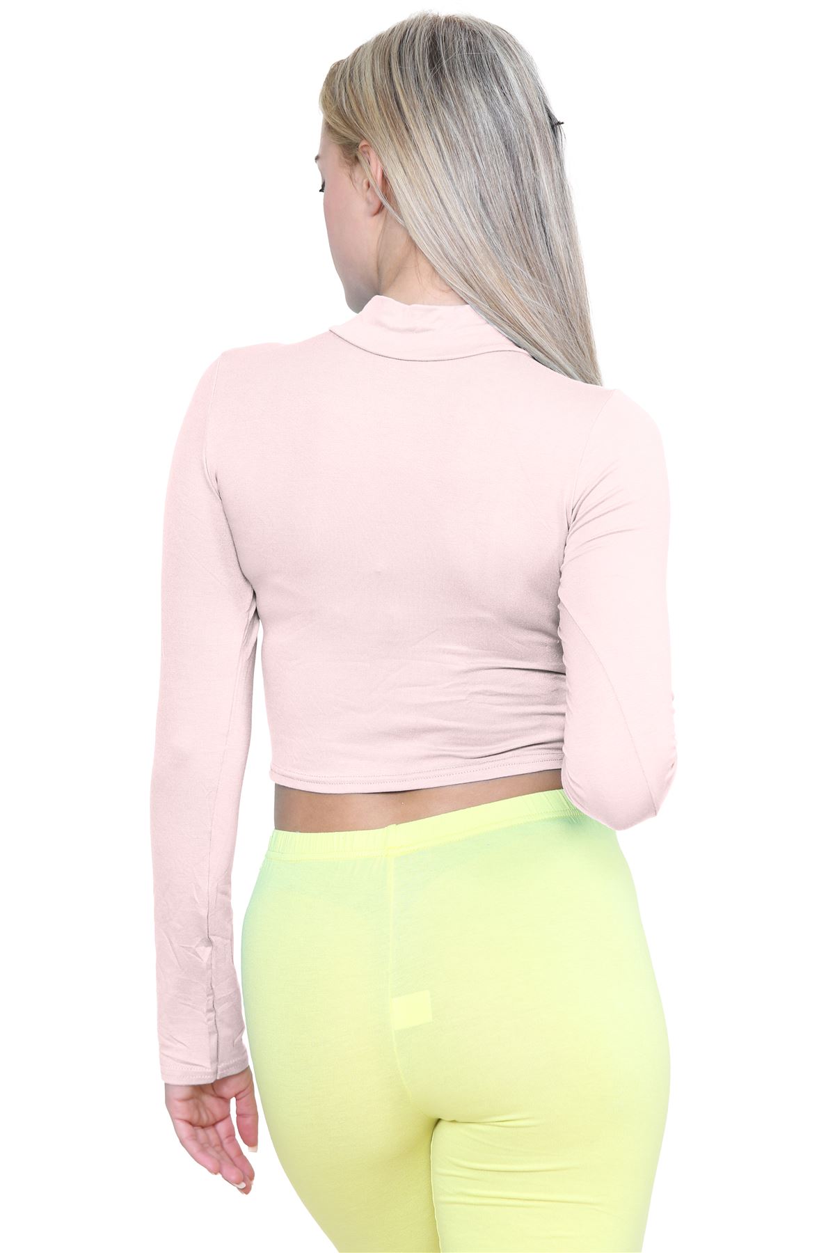 Turtle Neck Crop Top Womens Plain Long Sleeve Stretchy Basic Polo Neck T-Shirt - Picture 63 of 129