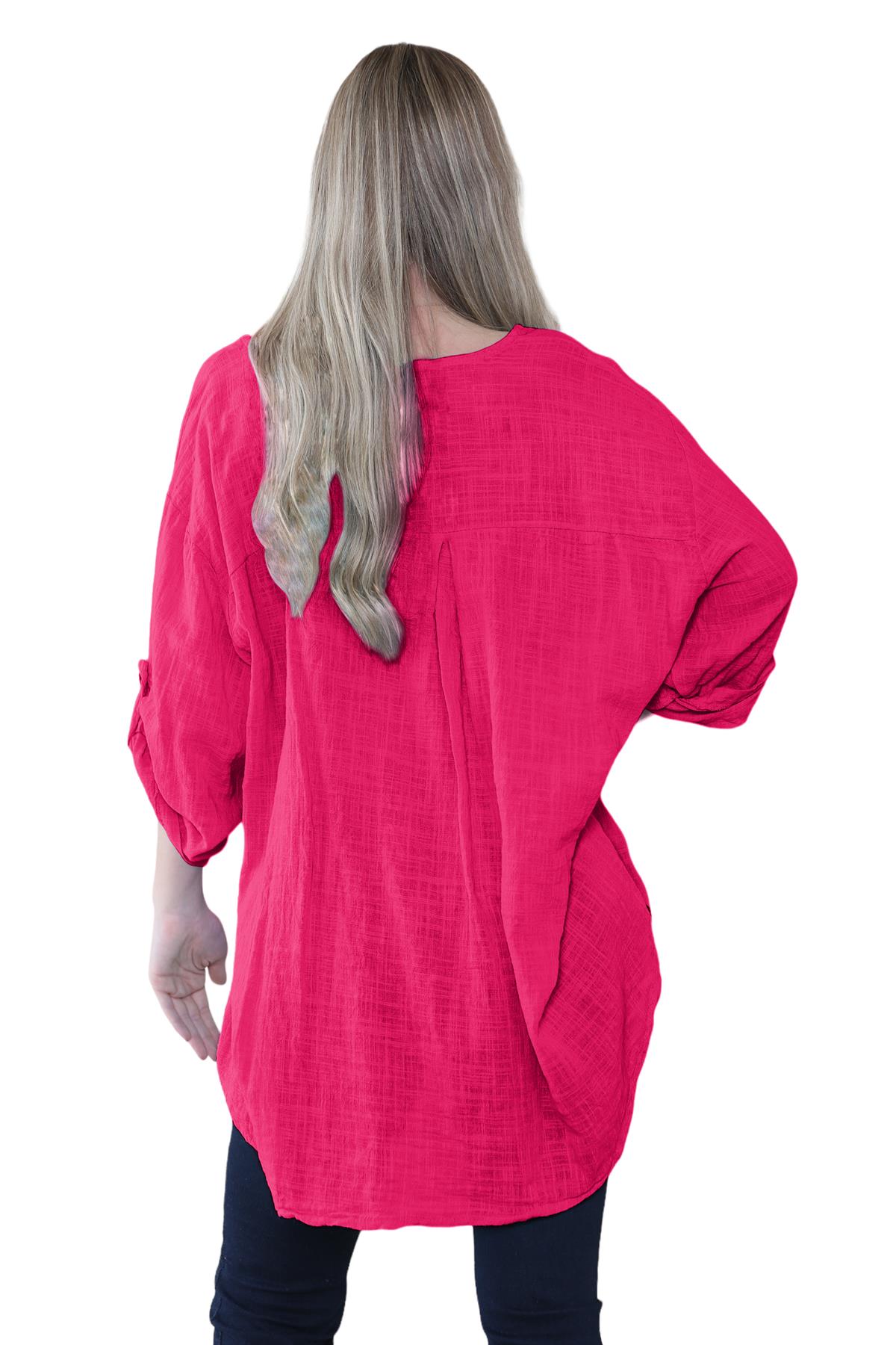 Camiseta informal lisa de lino y algodón con un botón de manga giratoria italiana para dama - Imagen 15 de 63