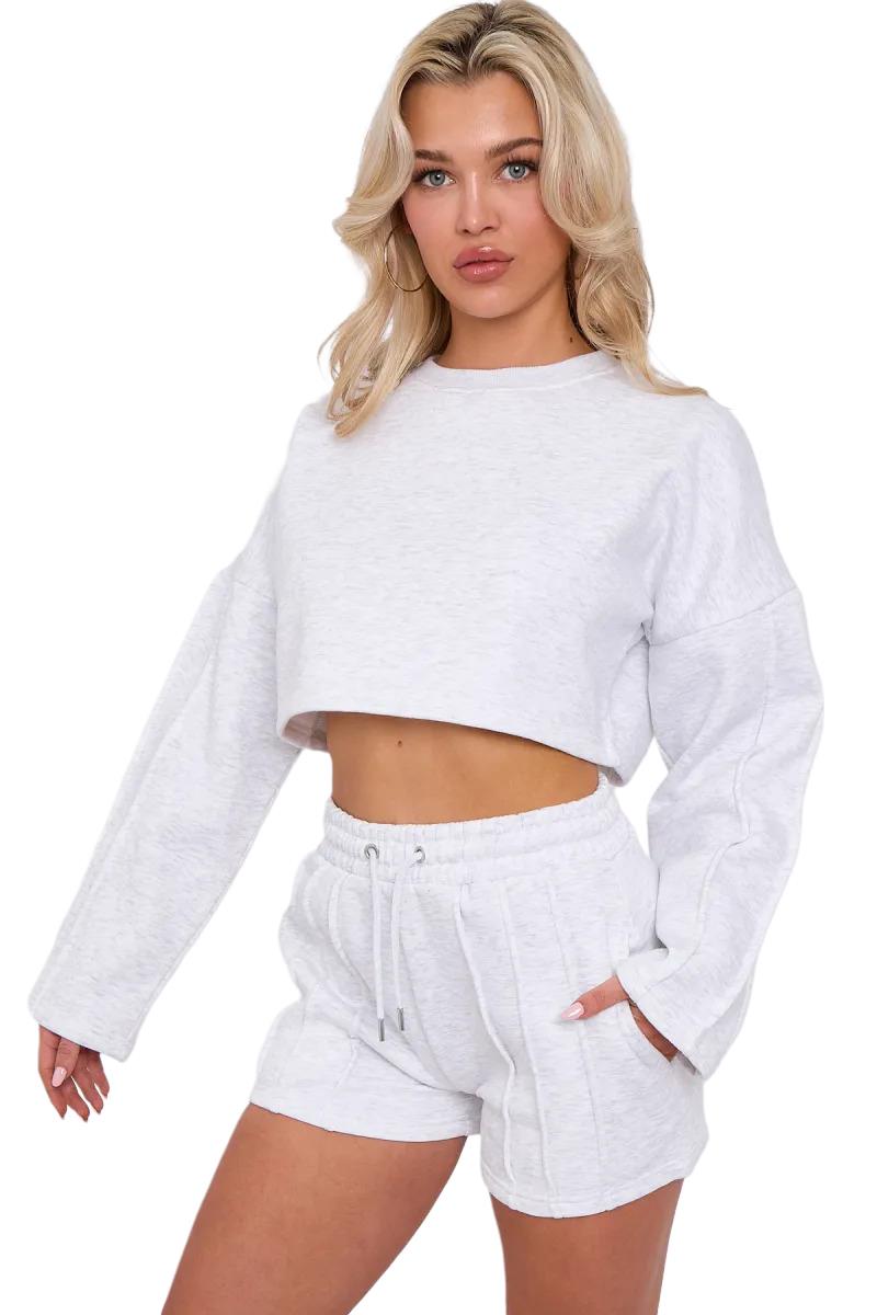 Womens Pleated Lined Crop Top Shorts Set 2 Pcs Co-ord Fleece Loungewear Suit - Picture 10 of 36