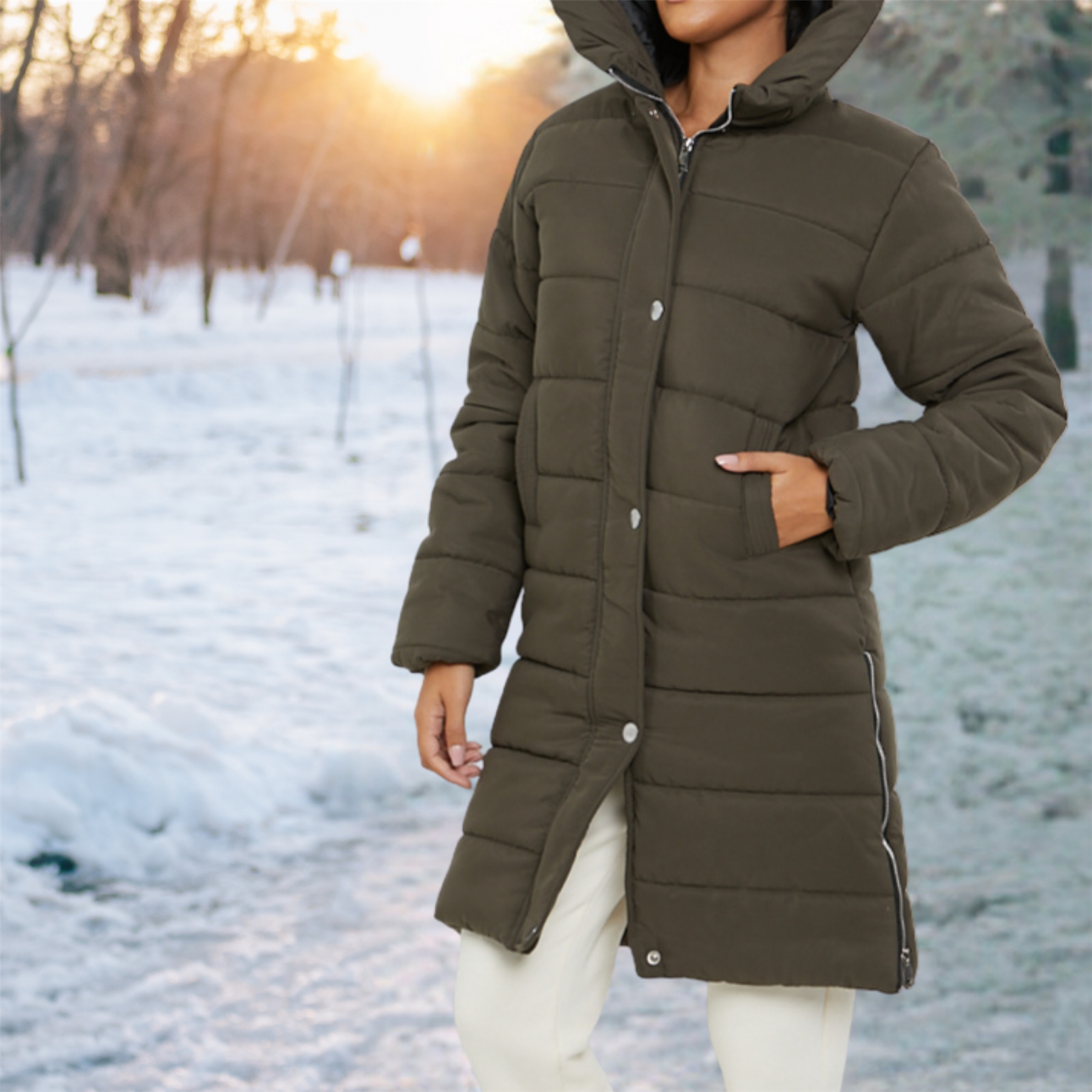 Womens Hooded Longline Coat Puffer Padded Long Sleeve Bodywarmer Winter Jacket - Picture 29 of 50