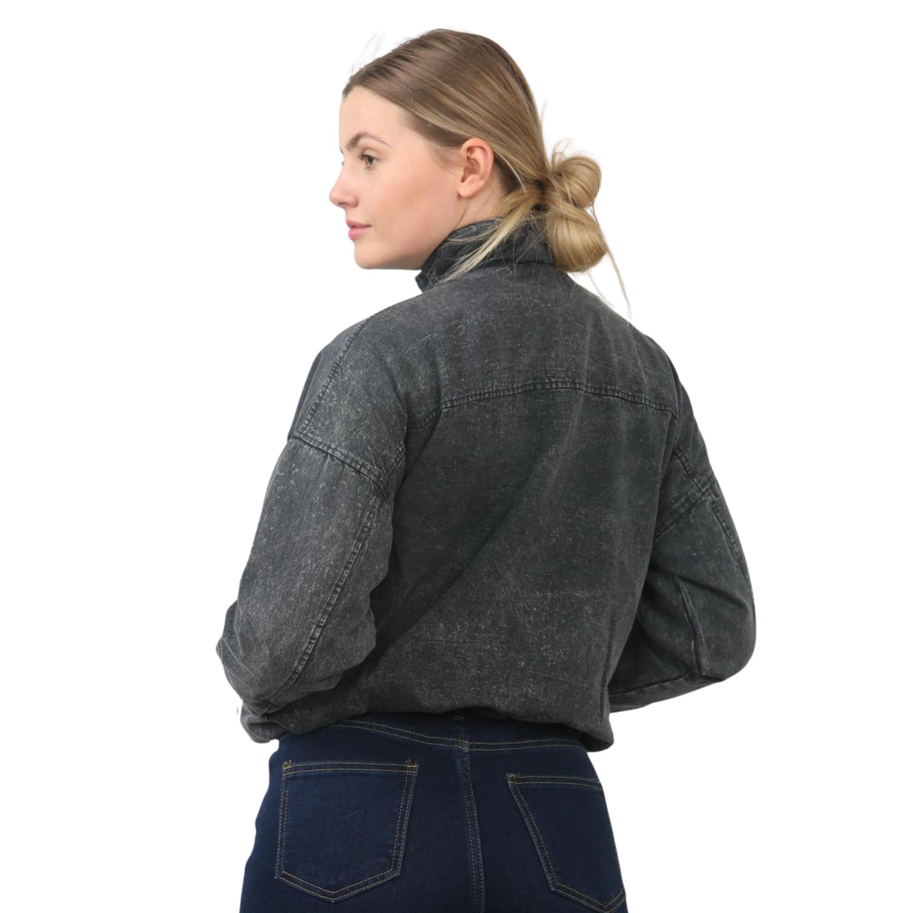 Damen-Bomberjacke Acid Washed lässig Reißverschlusskragen Oberbekleidung kurzer Wintermantel - Bild 4 von 18