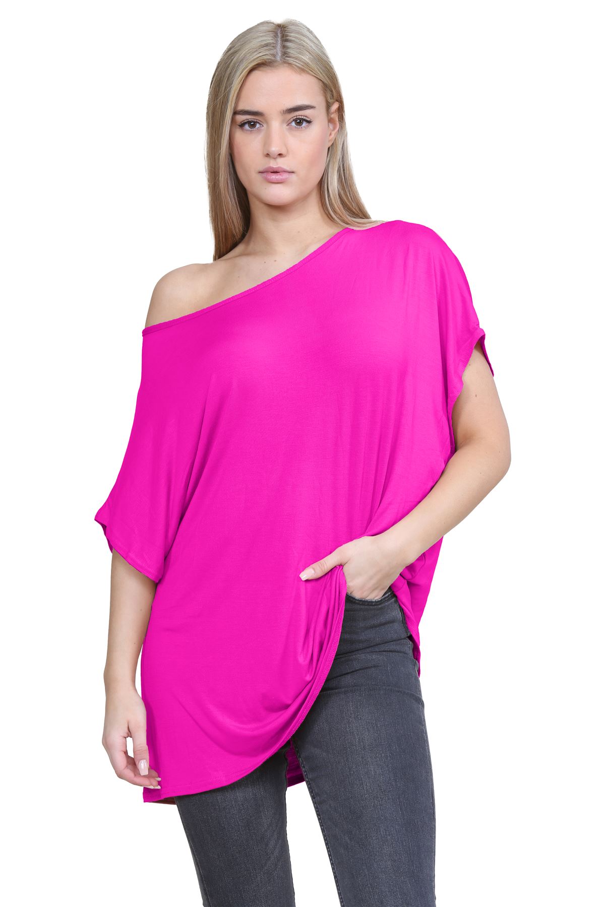 Schulterfreies Damen-T-Shirt Oberteil Fledermausärmel Oversize uni Freizeit Bardot Oberteil - Bild 118 von 225