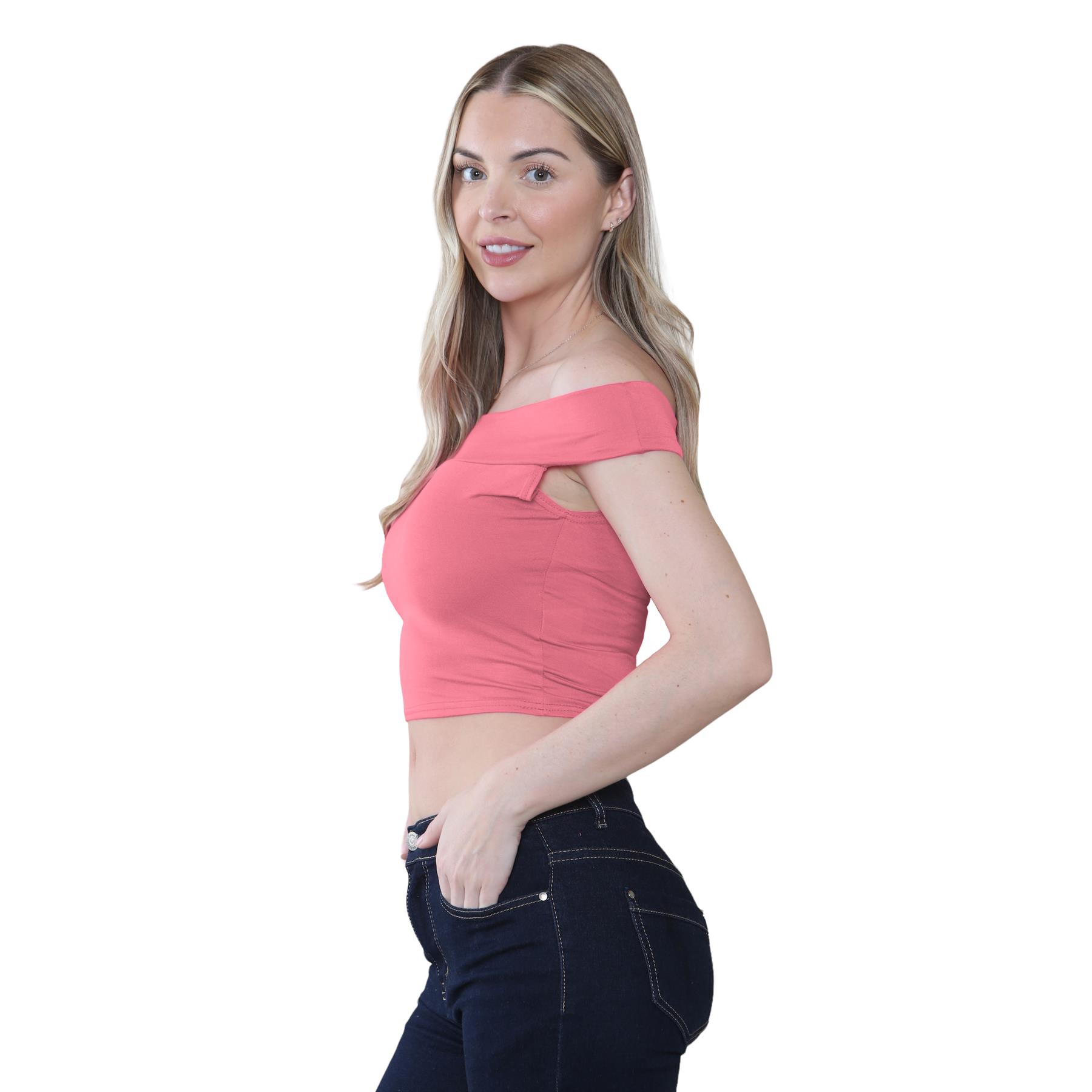 Schulterfreies bauchfreies Damen-T-Shirt Bardot ärmellos schlicht Sommer Freizeit Party - Bild 21 von 71
