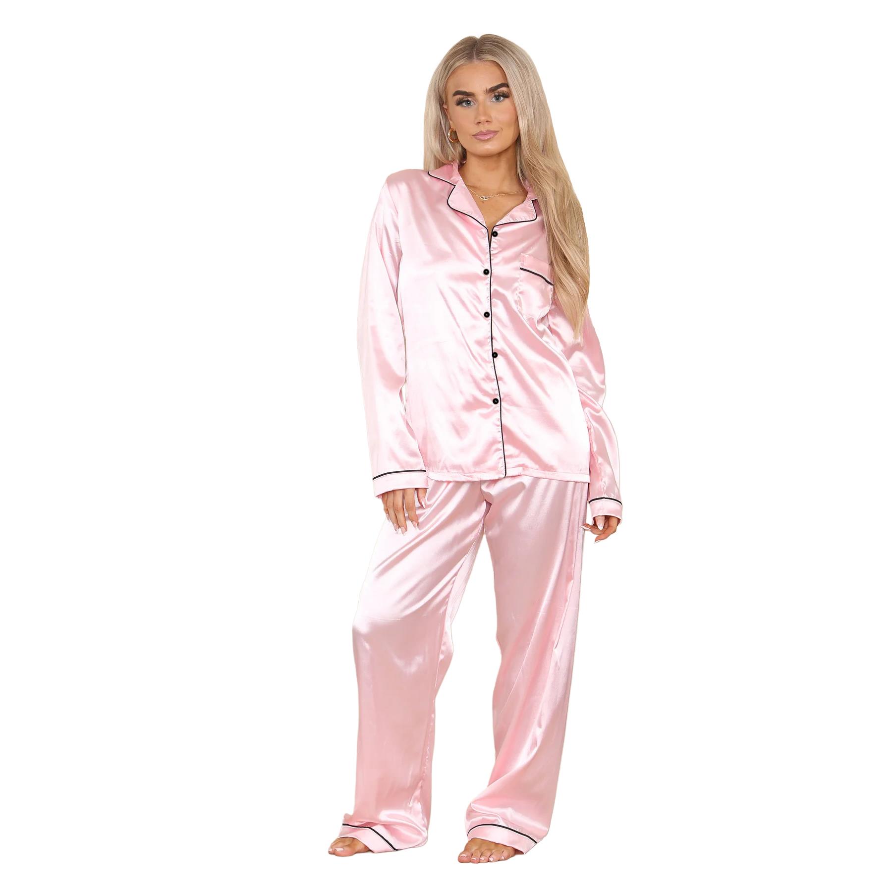 Conjunto de 2 piezas de pijama de satén de manga larga con botones camisa pantalón para damas - Imagen 2 de 43