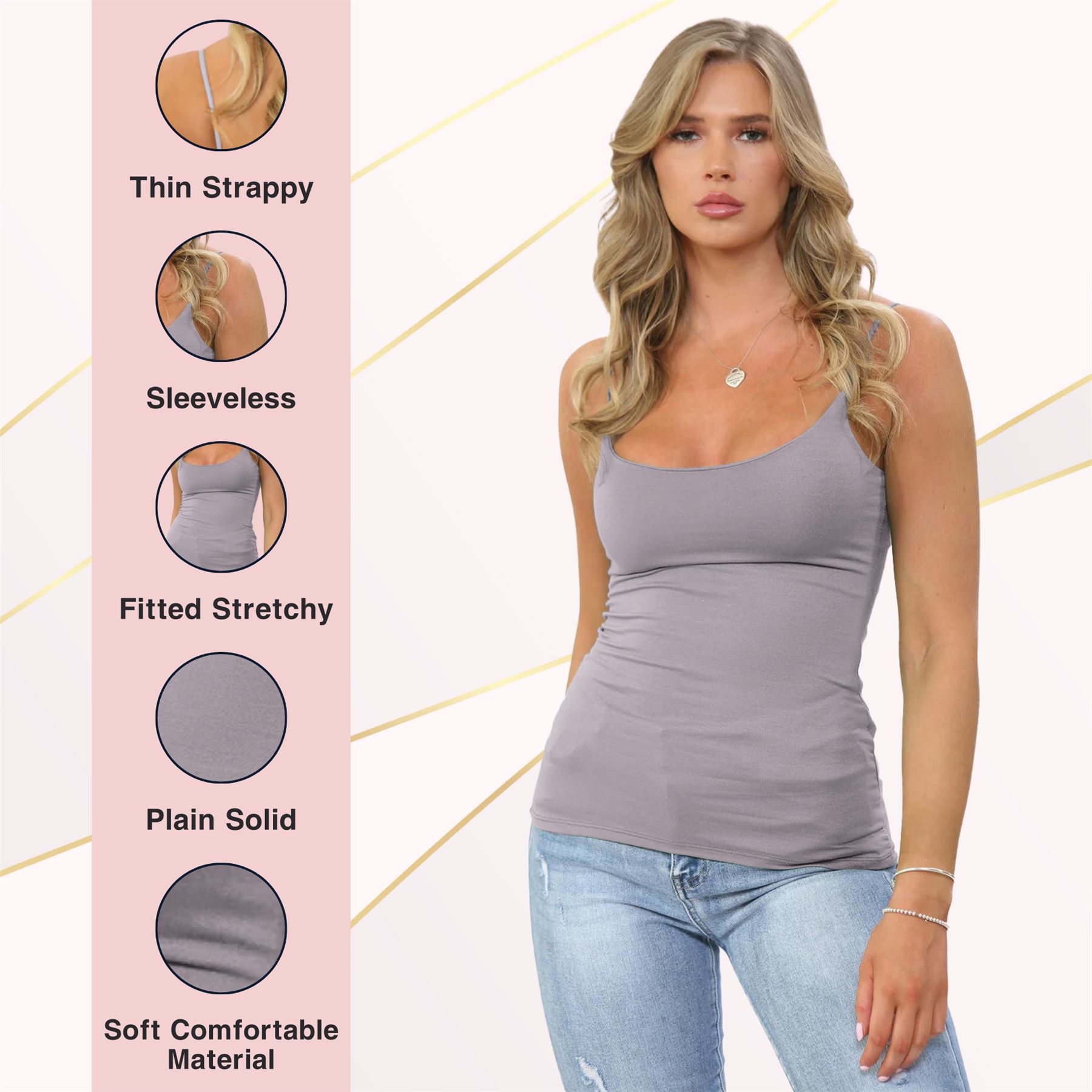 Womens Bodycon Cami Strappy Tank Top Plain Summer Activewear Vest Top, Pack of 3 - Picture 89 of 221