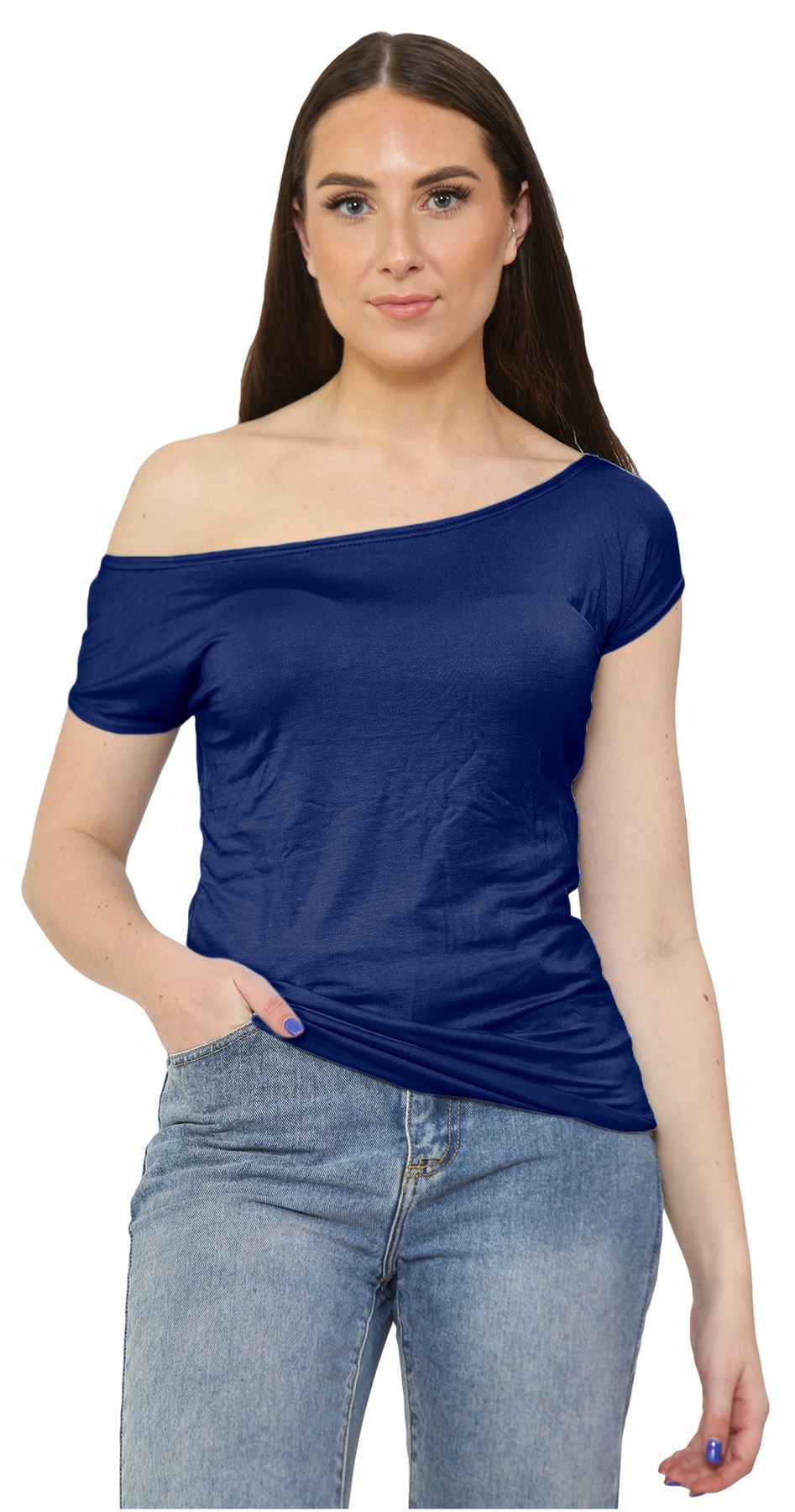 Nuevo Damas Mangas Cortas Hombro Liso Elastizado Calce Ajustado Bardot Camiseta Prenda para el torso - Imagen 29 de 58