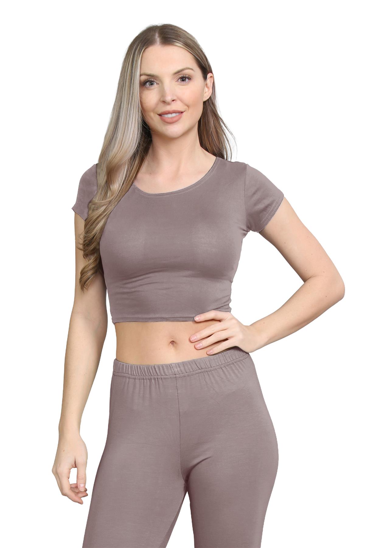 Damen Trainingsanzug Kurzarm Crop Top Sport Legging Workout Aktiv Lounge Set - Bild 73 von 148