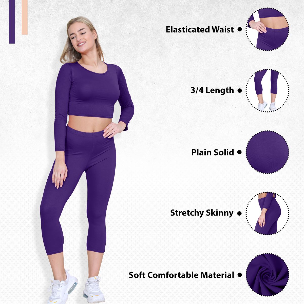 Womens 3/4 Leggings Workout Tight Plain Stretchy Cropped Capri Active Pants - Picture 128 of 186