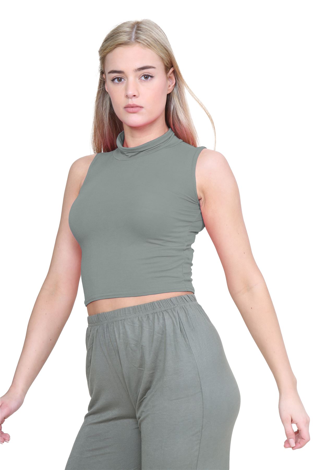 Womens Sleeveless Crop Top Ladies High Turtle Neck Plain Stretchy T-Shirt Vest - Picture 60 of 165