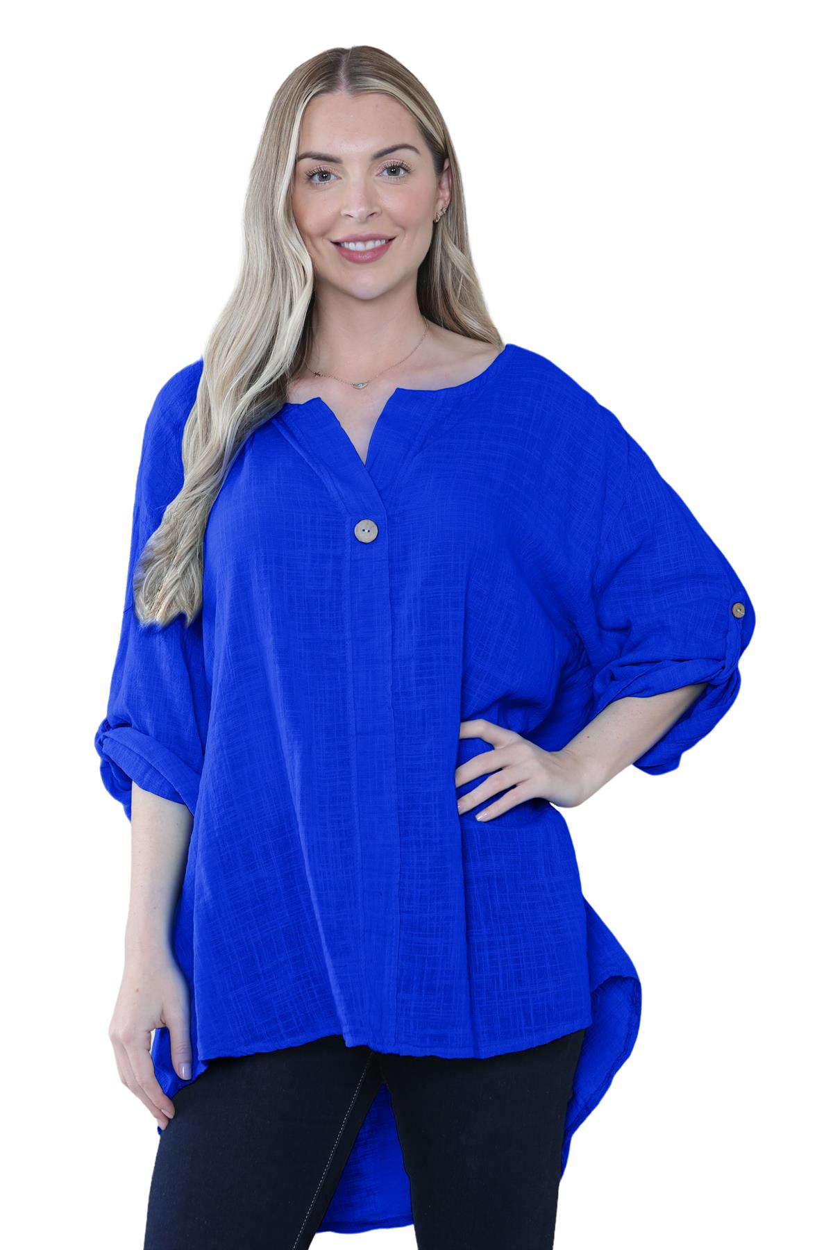 Camiseta informal lisa de lino y algodón con un botón de manga giratoria italiana para dama - Imagen 42 de 63