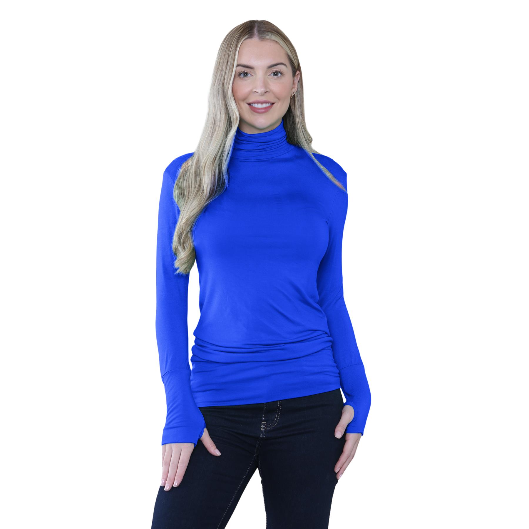 Womens Thumb Hole Polo Neck Jumper Ladies Plain Long Sleeve Casual T-Shirt Top - Picture 61 of 87