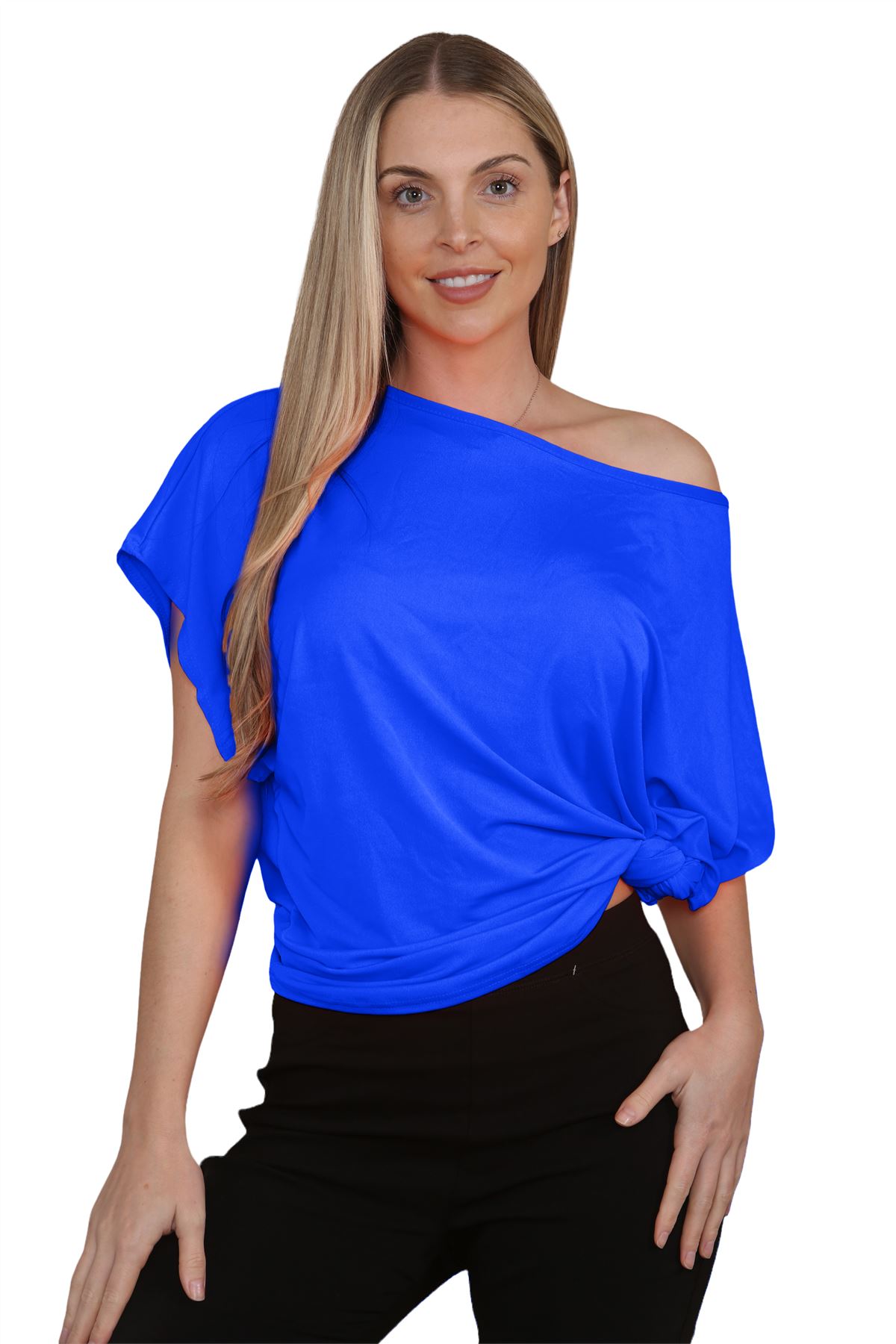 Womens Oversized T Shirt Top Short Sleeve Tie Knot Bardot Off Shoulder Crop Top - Picture 44 of 65