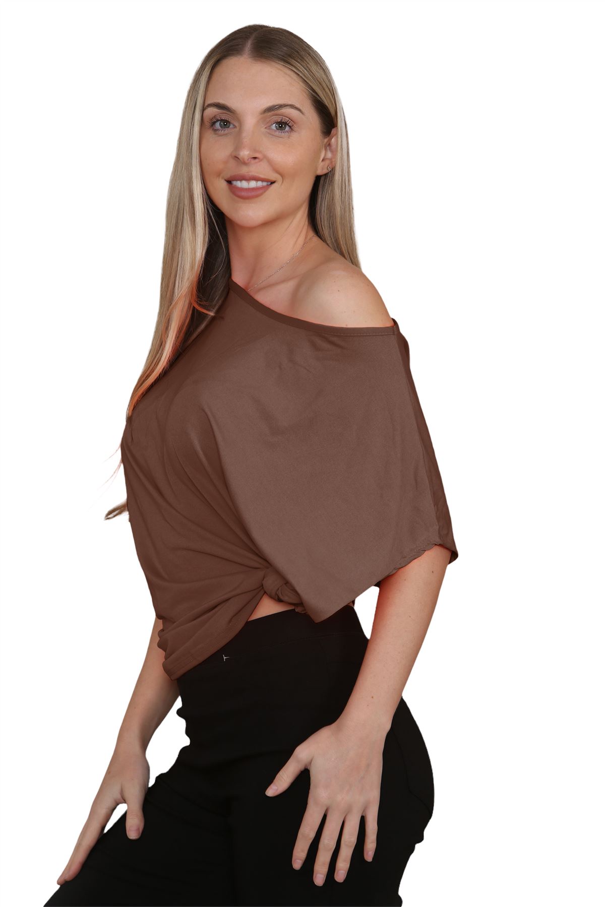 Womens Oversized T Shirt Top Short Sleeve Tie Knot Bardot Off Shoulder Crop Top - Picture 9 of 65