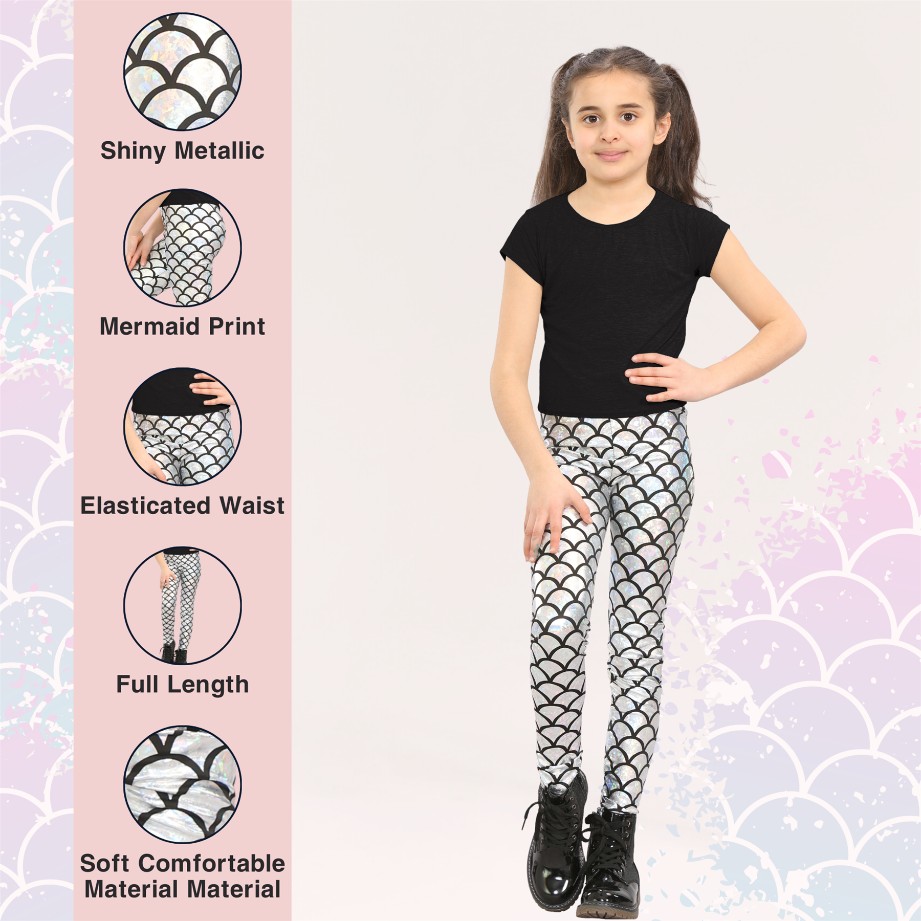 Girls Mermaid Leggings Kids Fish Scale Disco Skinny Shiny Metallic Trouser Pants - Picture 49 of 57
