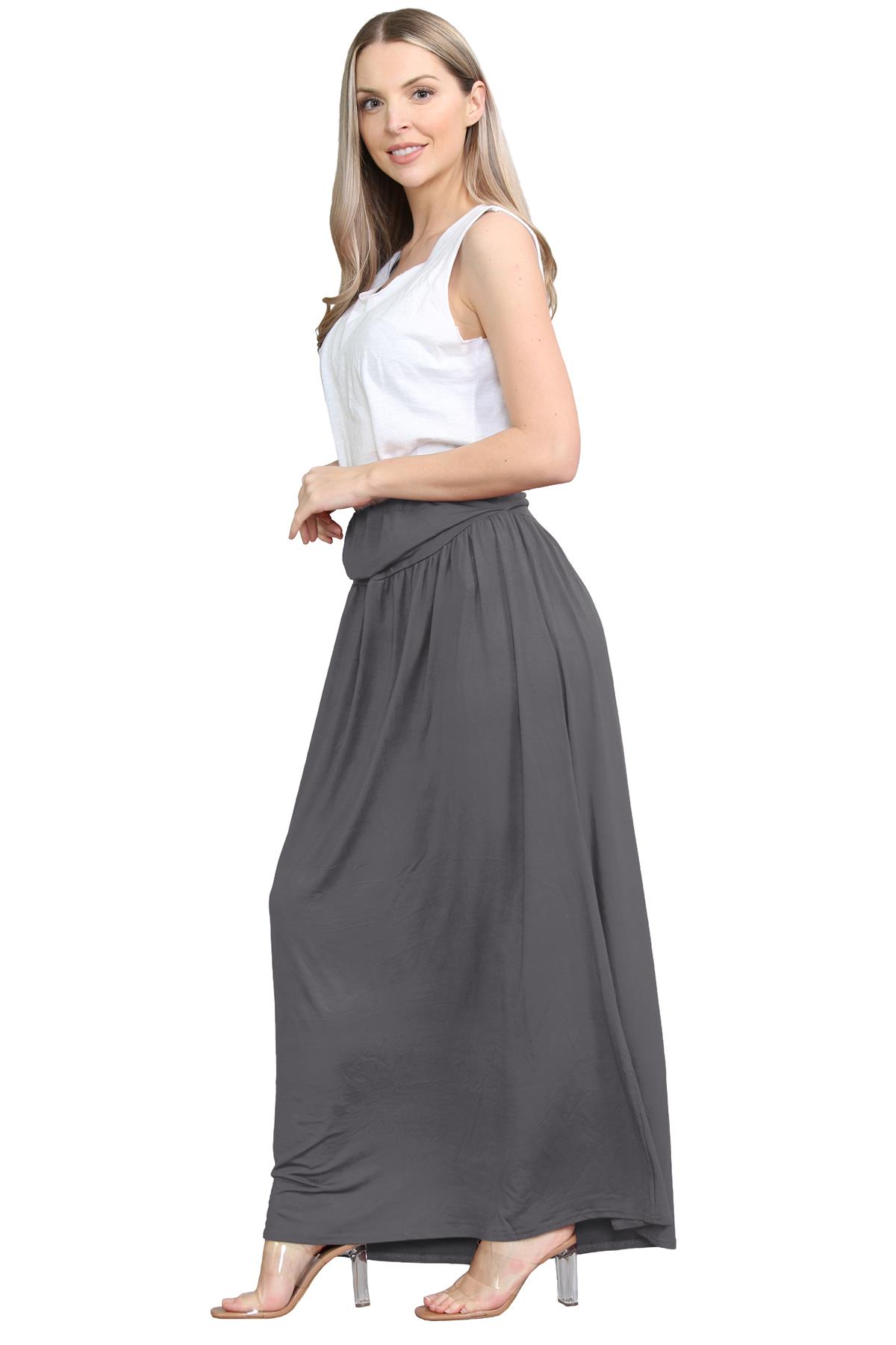 Womens Fold Over Maxi Skirt Plain Pleated Waist Jersey Summer Gypsy Long Skirt - Picture 11 of 68