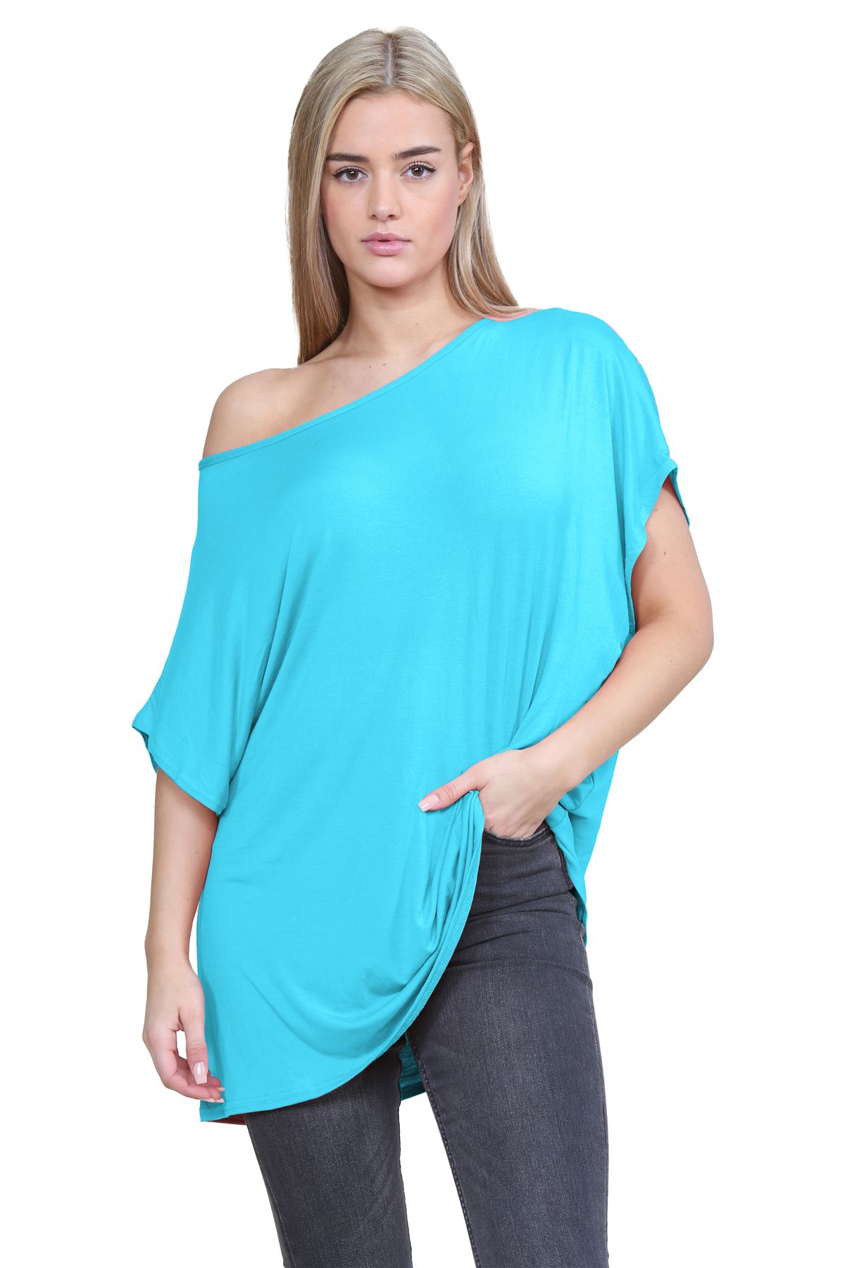 Schulterfreies Damen-T-Shirt Oberteil Fledermausärmel Oversize uni Freizeit Bardot Oberteil - Bild 202 von 225