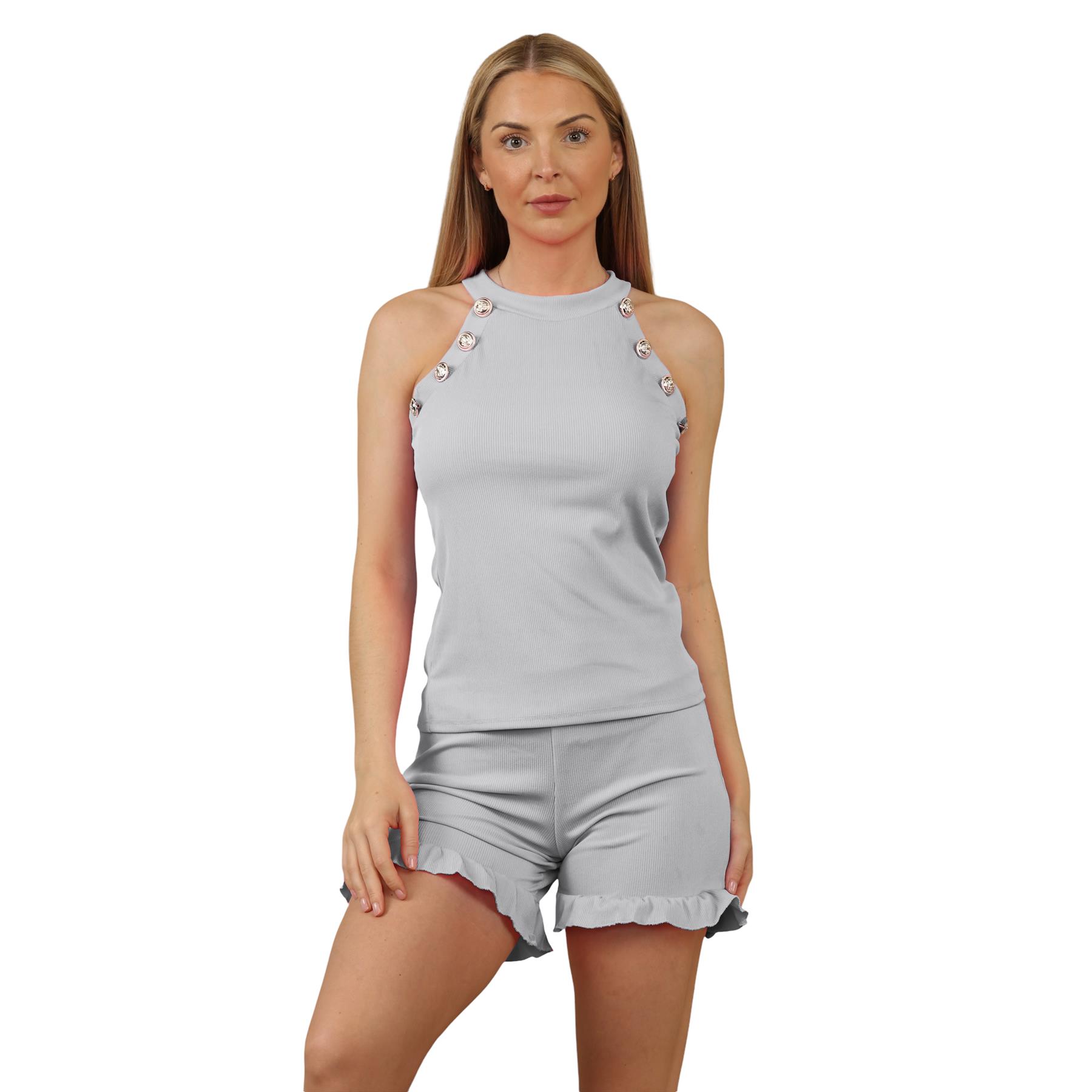 Conjunto corto acanalado para mujer Chaleco con botones dorados Top Volantes Pantalones cortos Co-ords 2 piezas Ropa de salón - Imagen 8 de 60