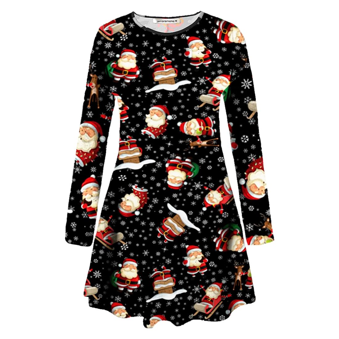 Ladies Christmas Dress Womens Xmas Santa Reindeer Snowflakes Novelty Flared New | eBay