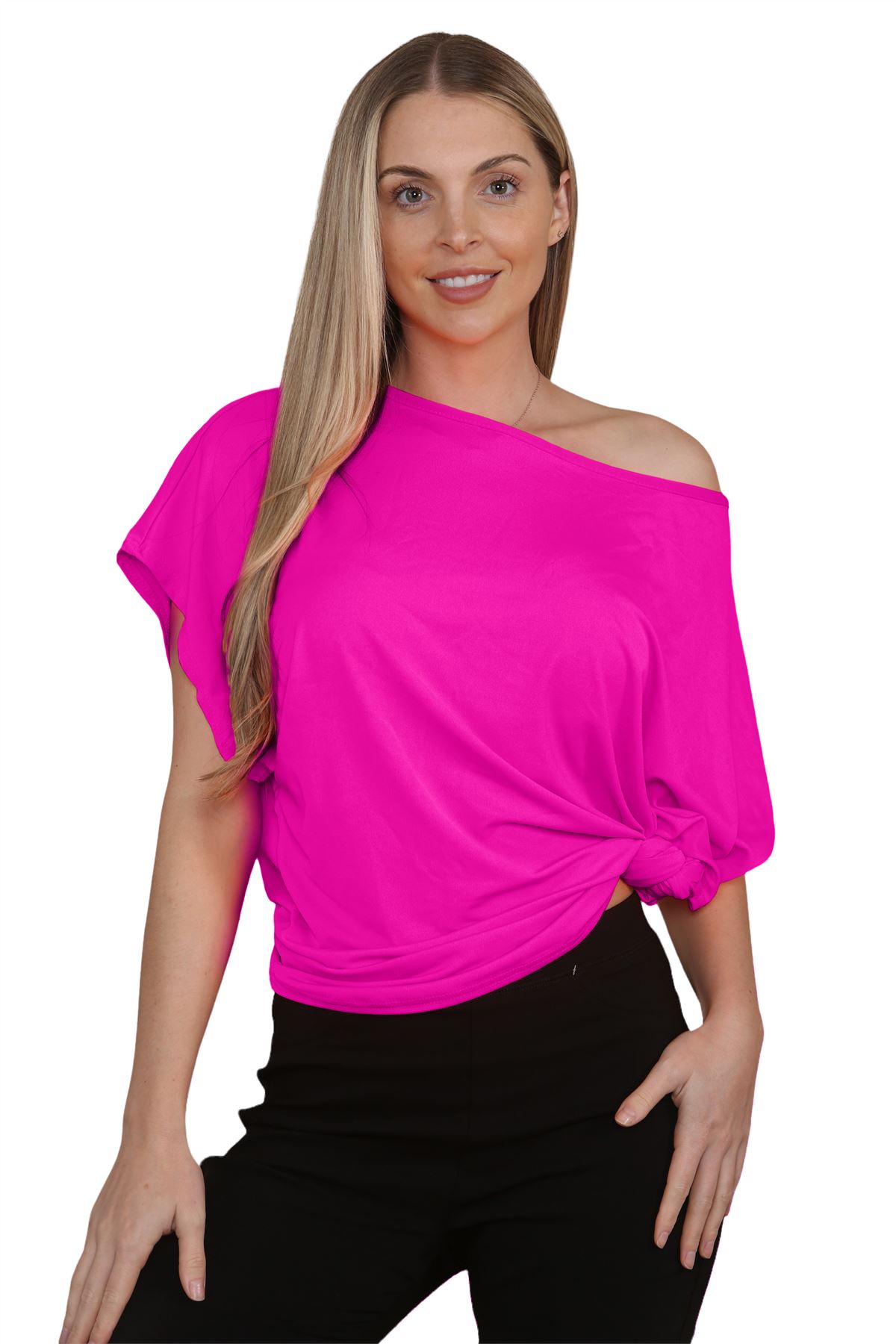Womens Oversized T Shirt Top Short Sleeve Tie Knot Bardot Off Shoulder Crop Top - Picture 34 of 65
