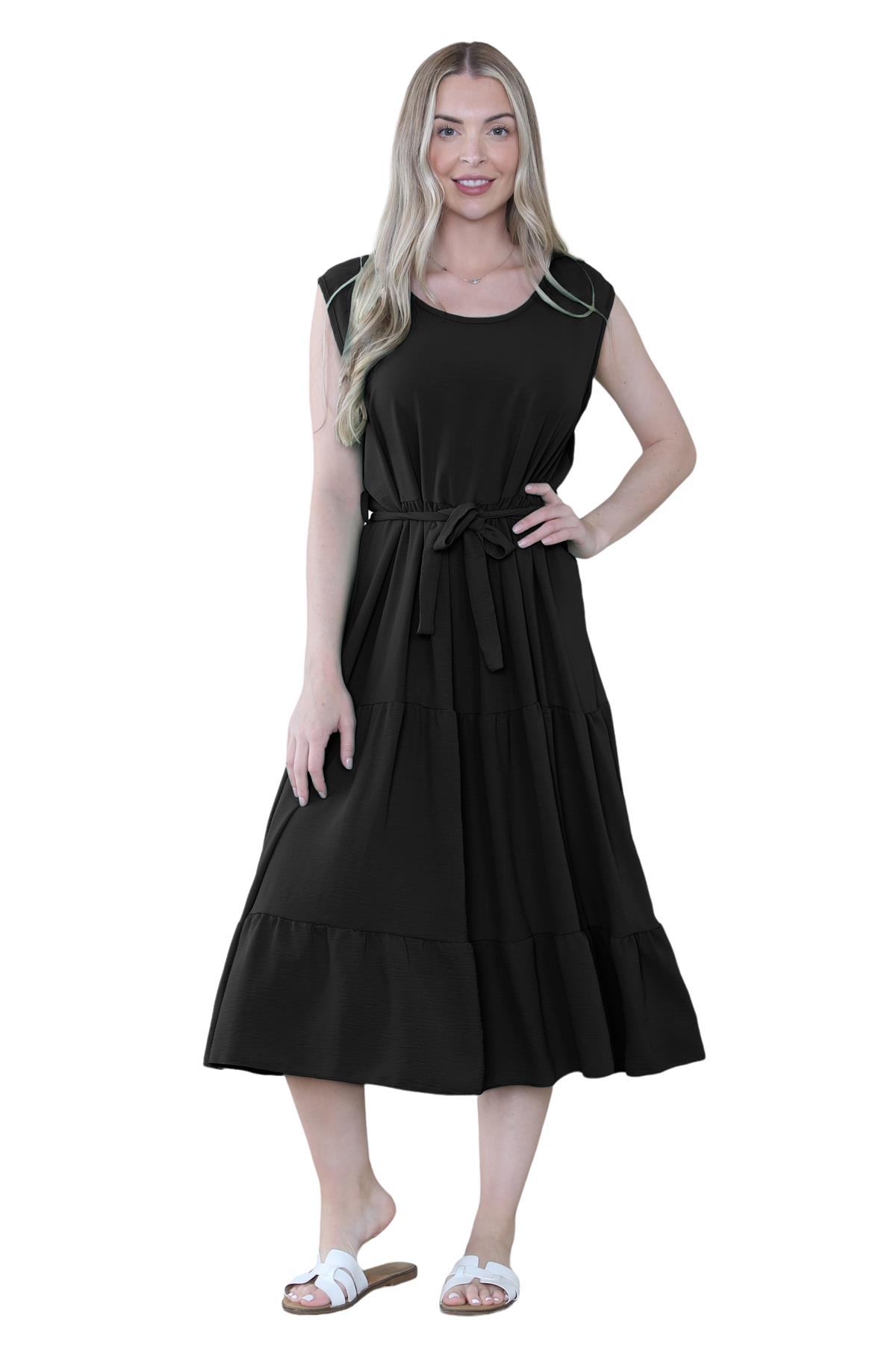 Womens Italian Smock Dress Sleeveless Belted Midi Dress Plain Frill Summer Dress - Picture 17 of 64