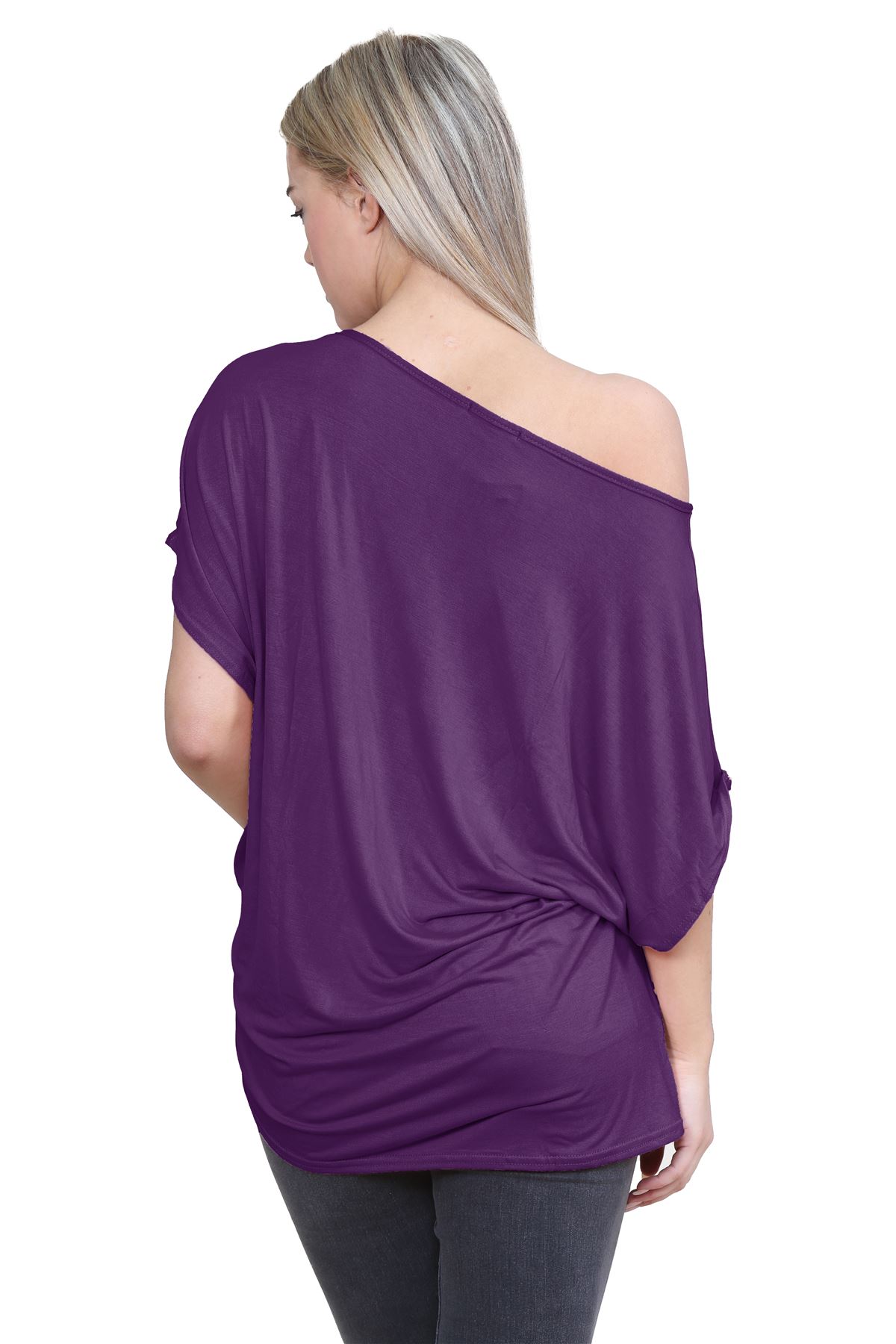Womens Off Shoulder Top Batwing Sleeve Bardot Oversized T Shirt Plain Summer Top - Picture 132 of 225