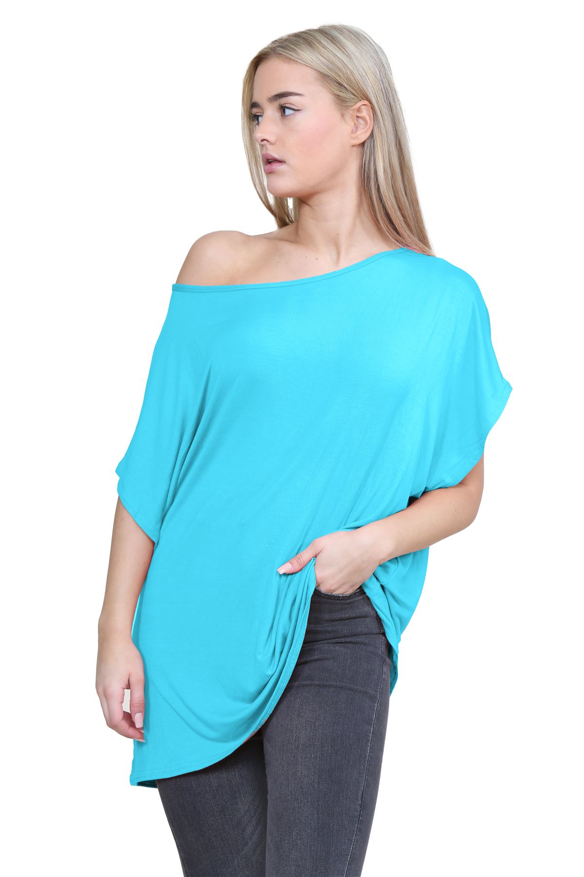 Schulterfreies Damen-T-Shirt Oberteil Fledermausärmel Oversize uni Freizeit Bardot Oberteil - Bild 203 von 225