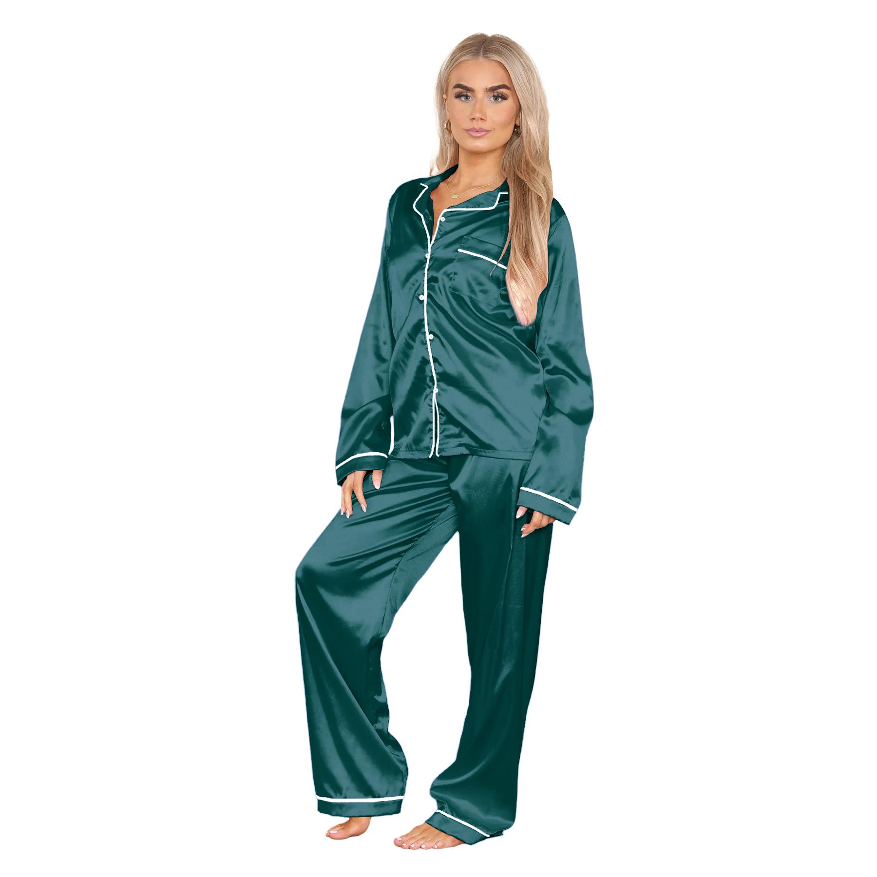 Conjunto de 2 piezas de pijama de satén de manga larga con botones camisa pantalón para damas - Imagen 15 de 43