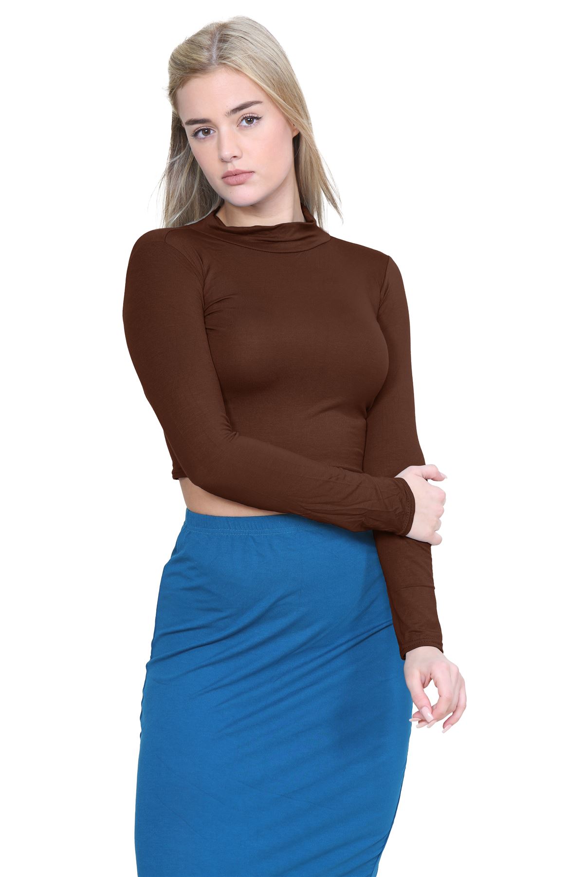 Turtle Neck Crop Top Womens Plain Long Sleeve Stretchy Basic Polo Neck T-Shirt - Picture 14 of 129