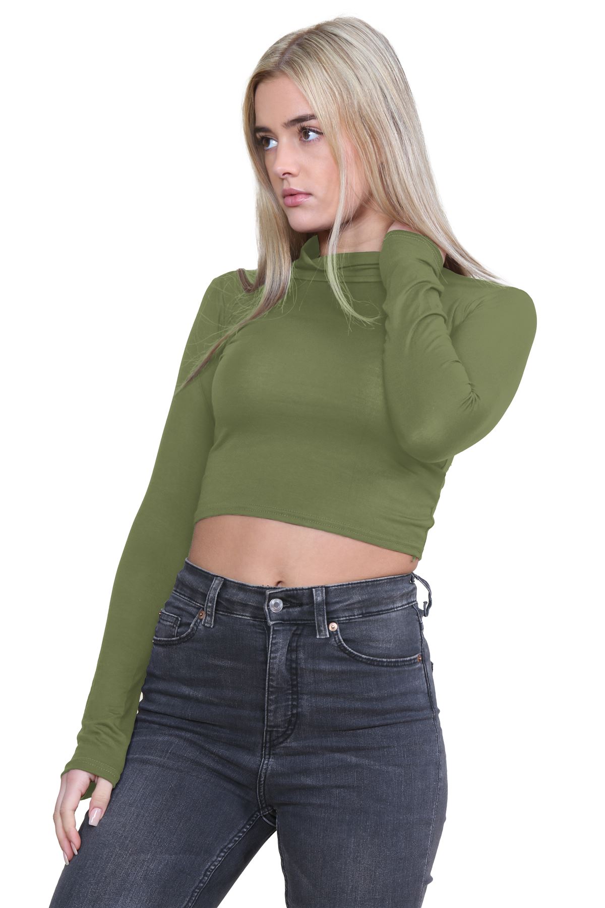 Turtle Neck Crop Top Womens Plain Long Sleeve Stretchy Basic Polo Neck T-Shirt - Picture 49 of 129