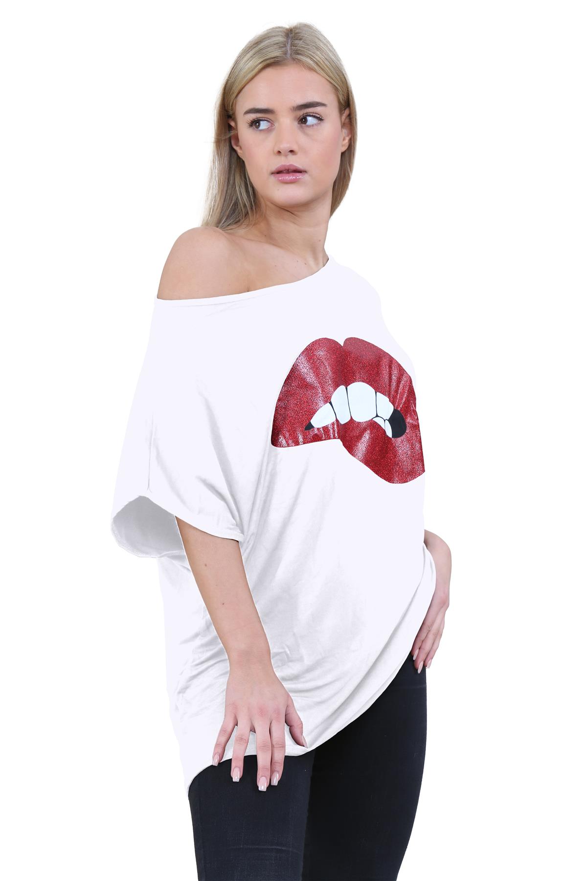 Womens Off Shoulder Top Batwing Sleeve Bardot Oversized T Shirt Plain Summer Top - Picture 173 of 225