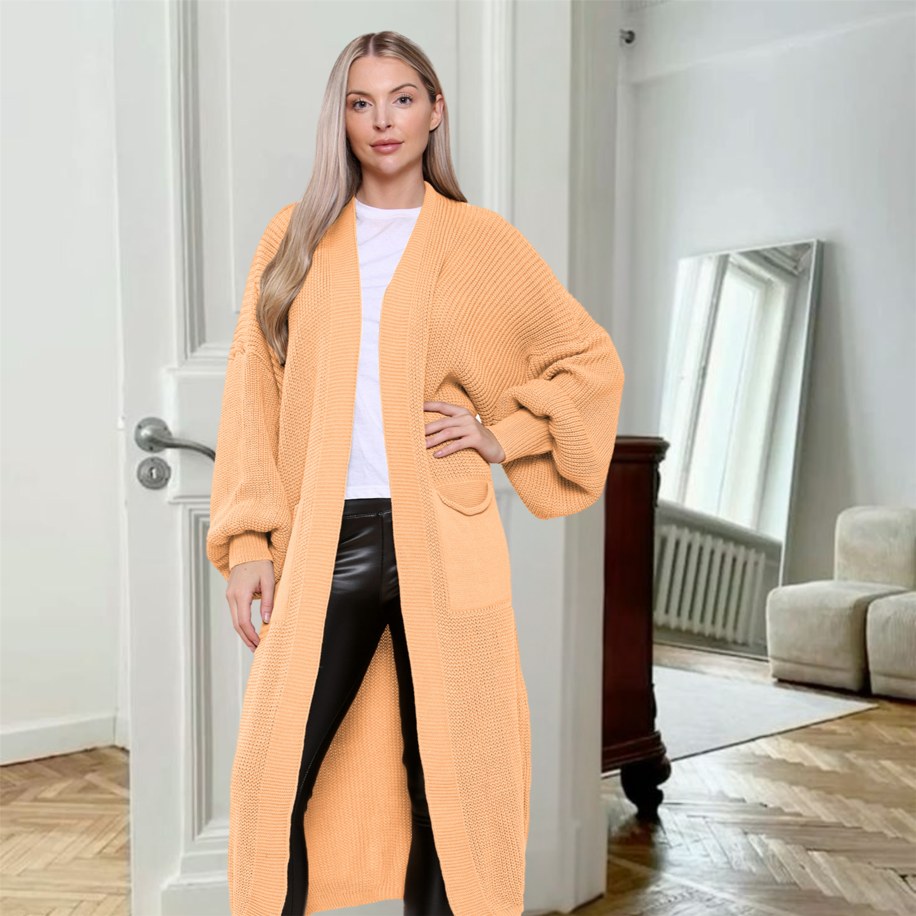 Ballonärmel Maxi Cardigan Damen übergroß gestrickt Winter Longline Pullover - Bild 105 von 134