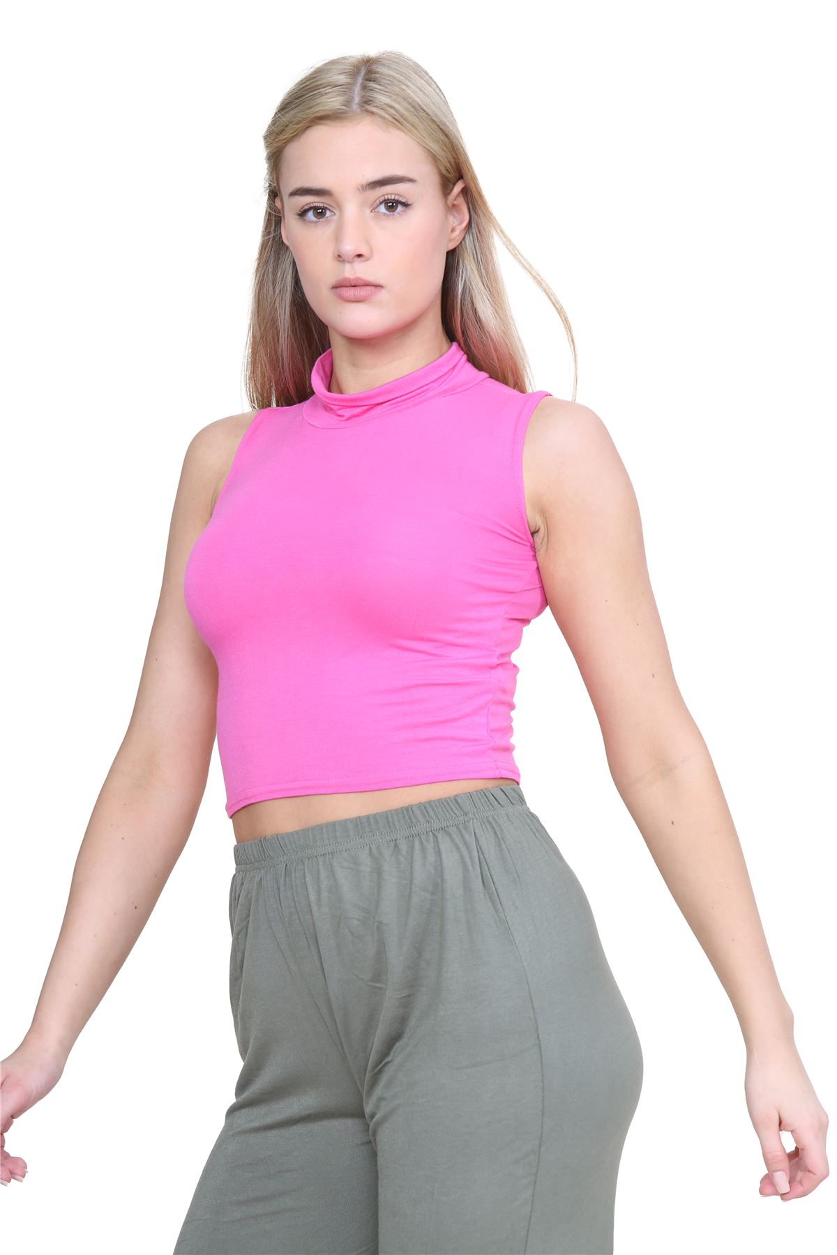 Womens Sleeveless Crop Top Ladies High Turtle Neck Plain Stretchy T-Shirt Vest - Picture 24 of 165