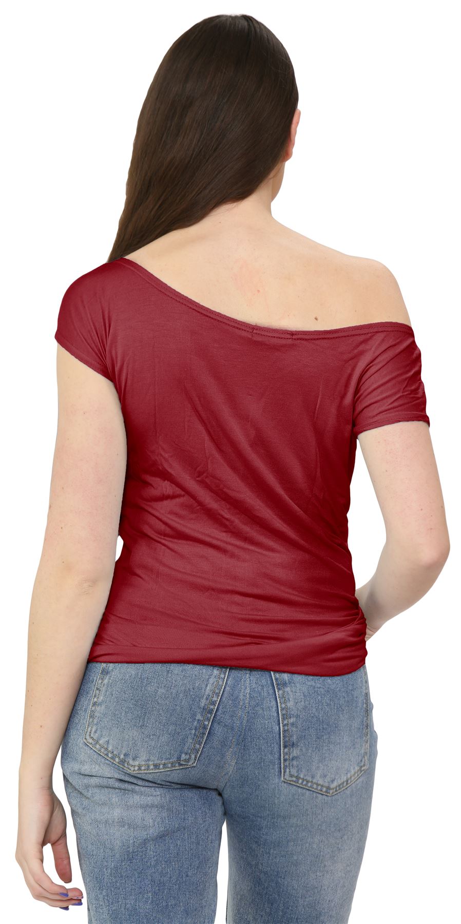 Nuevo Damas Mangas Cortas Hombro Liso Elastizado Calce Ajustado Bardot Camiseta Prenda para el torso - Imagen 54 de 58