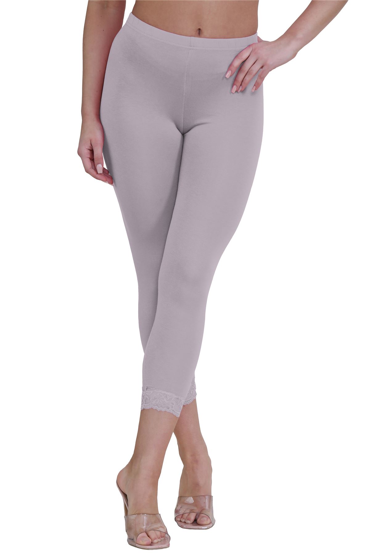 New Ladies Plain Lace Trim Cropped Yoga Stretchy 3/4 Length Capri Leggings Pants - Picture 51 of 132